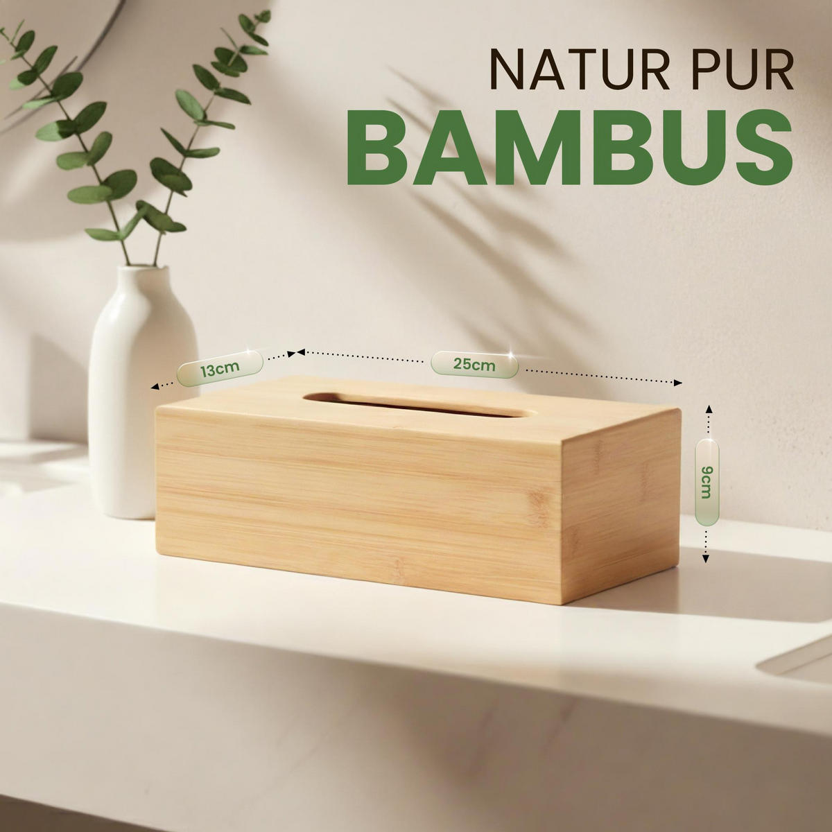 TASCHENTUCHBOX eckig 25/13/9 cm Holz Natura - Eukalyptusholzfarben, Holz (13/25/9cm) - CLP