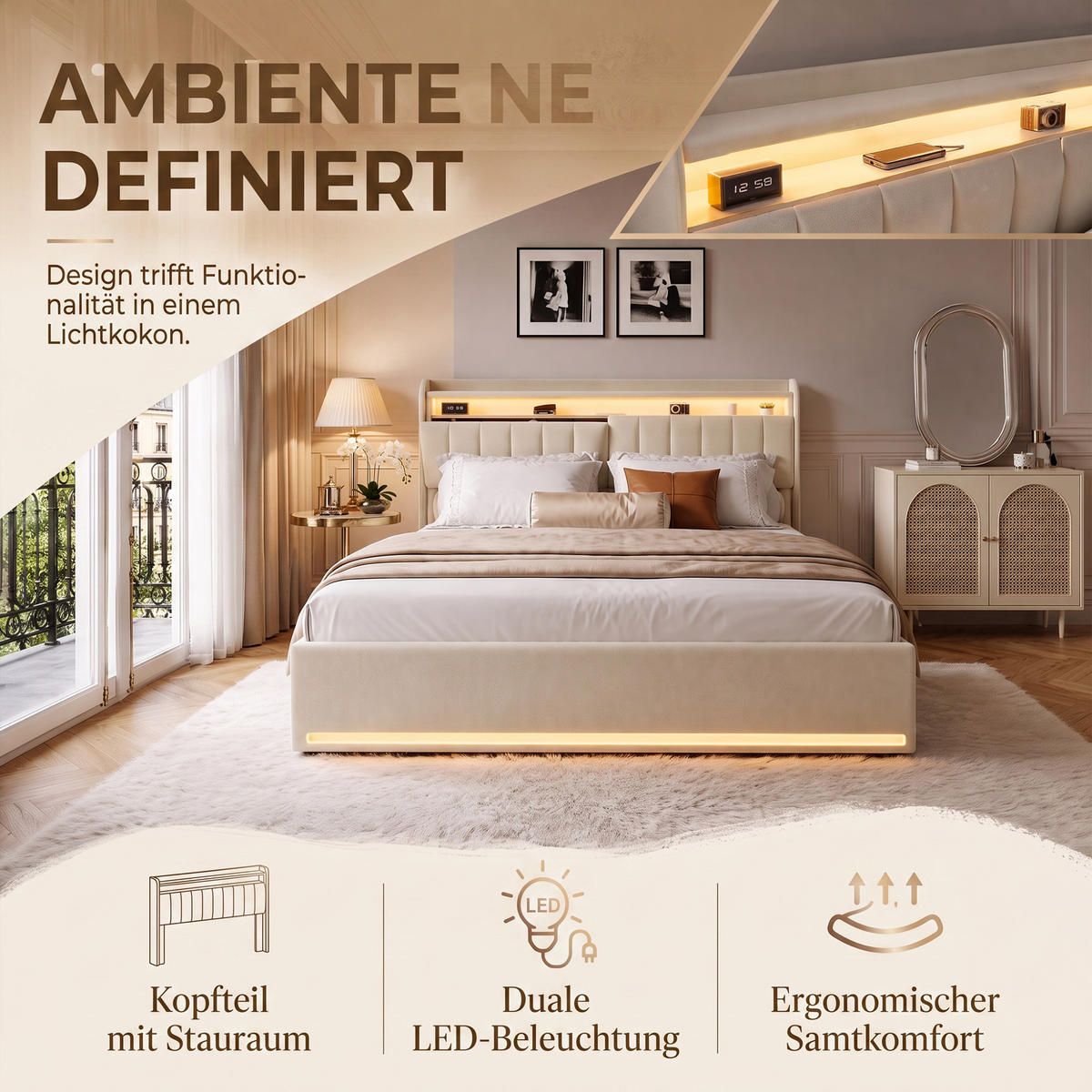 POLSTERBETT 140x200 cm, Doppelbett mit Bettkasten, USB und LED, hydraulischer Stauraum, Samt Beige - Beige, Holz/Textil (140/200cm) - GENKI LIVING