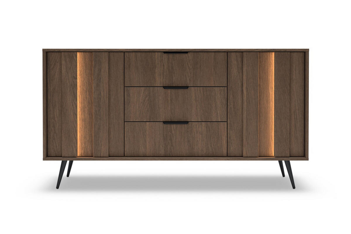 KOMMODE mit Schubladen 154 cm Resta, Metallbeine, 2 Türen, Eiche Dunin - Eichefarben/Schwarz, Holz/Metall (154/83/40cm) - Emporius