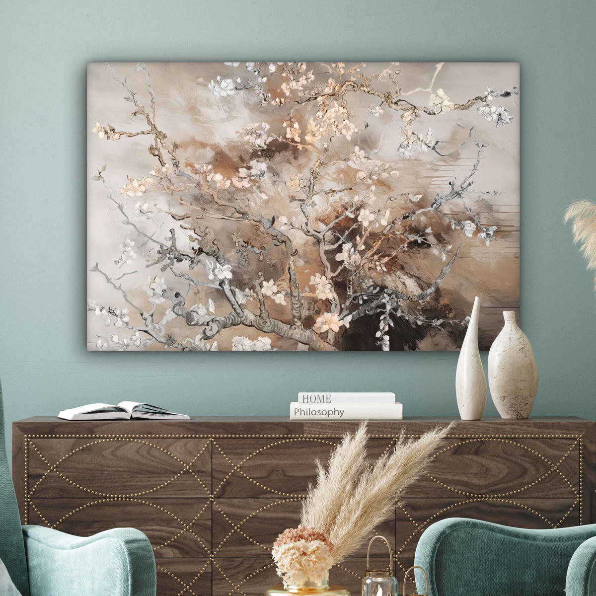 LEINWANDBILD Mandelblüte - Kunst - Van Gogh - Beige - Abstrakt XXL 150x100 cm - Braun, Textil (150/100cm) - MuchoWow