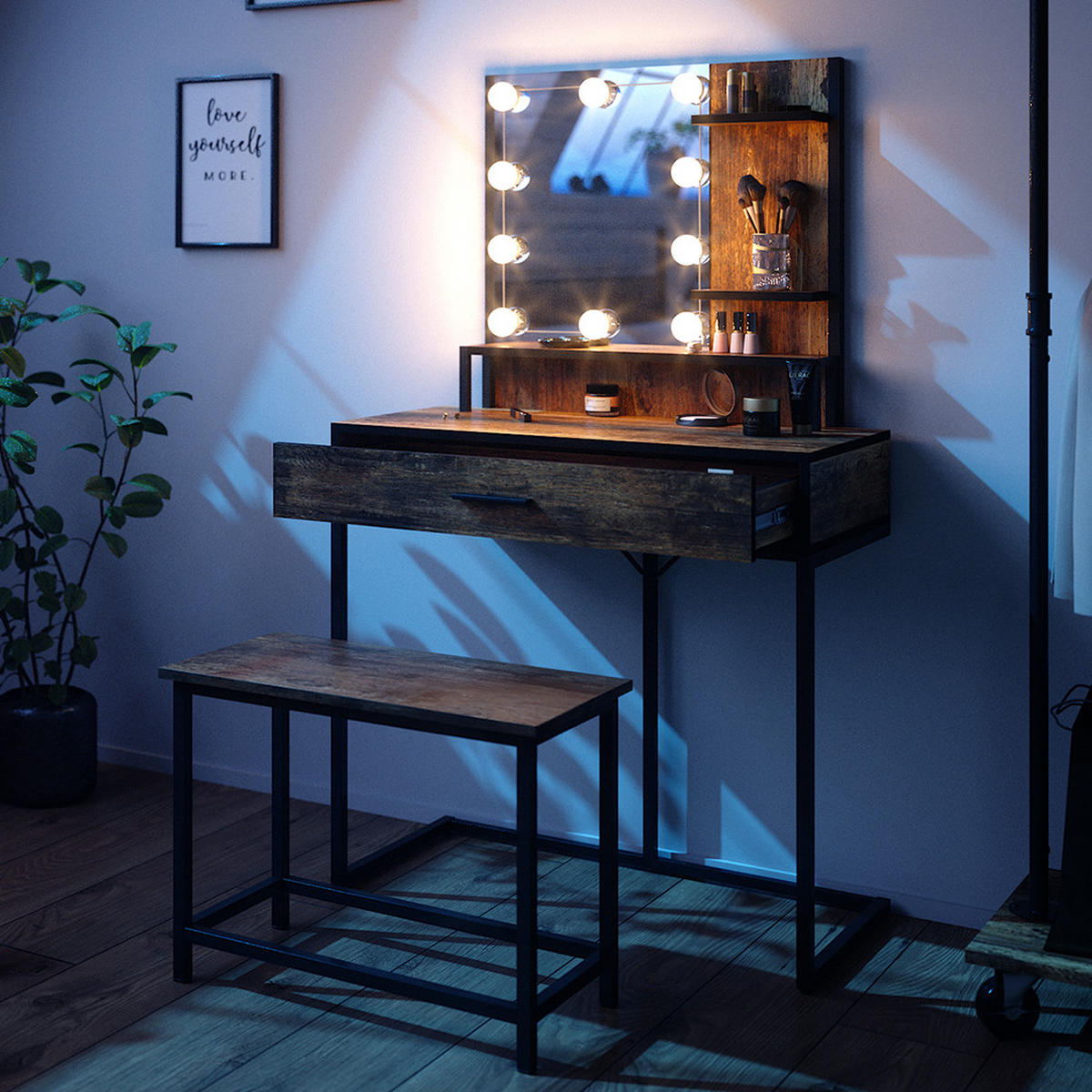 SCHMINKTISCH Fyrk Antikholz 80 cm mit LED Beleuchtung und Stuhl - Alteiche/Schwarz, Holzwerkstoff (80/135.5/40cm) - Vicco