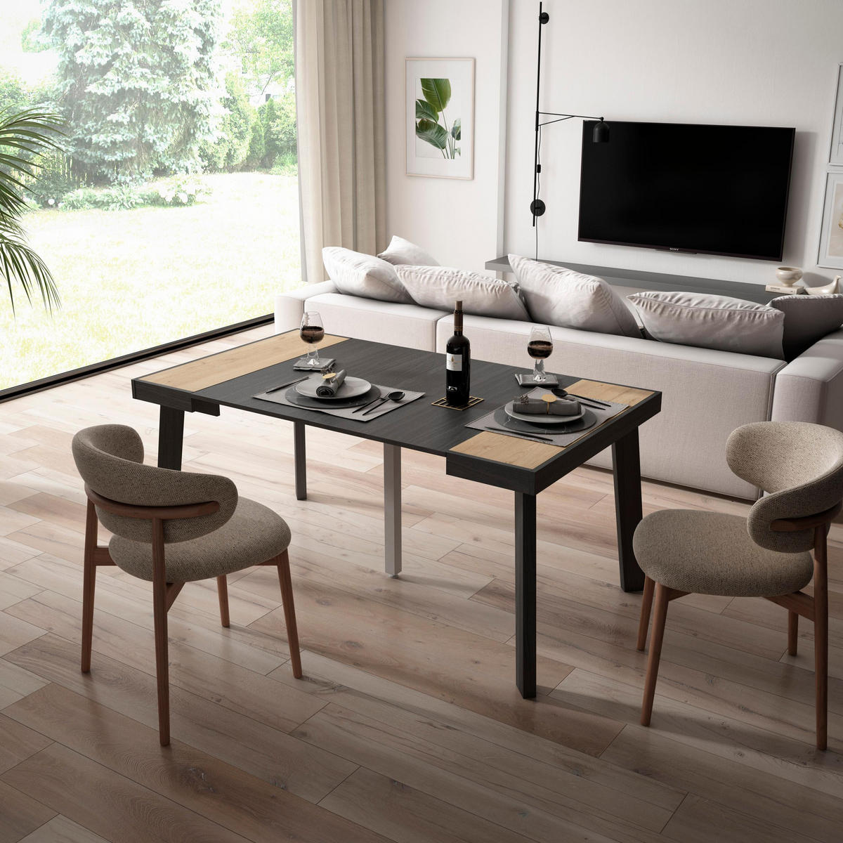 KONSOLENTISCH ausziehbar 58 bis 160cm, für 8 Gäste, eiche, schwarz, 90/58/73cm - Eichefarben/Multicolor, Holzwerkstoff (90/160/73cm) - Skraut Home