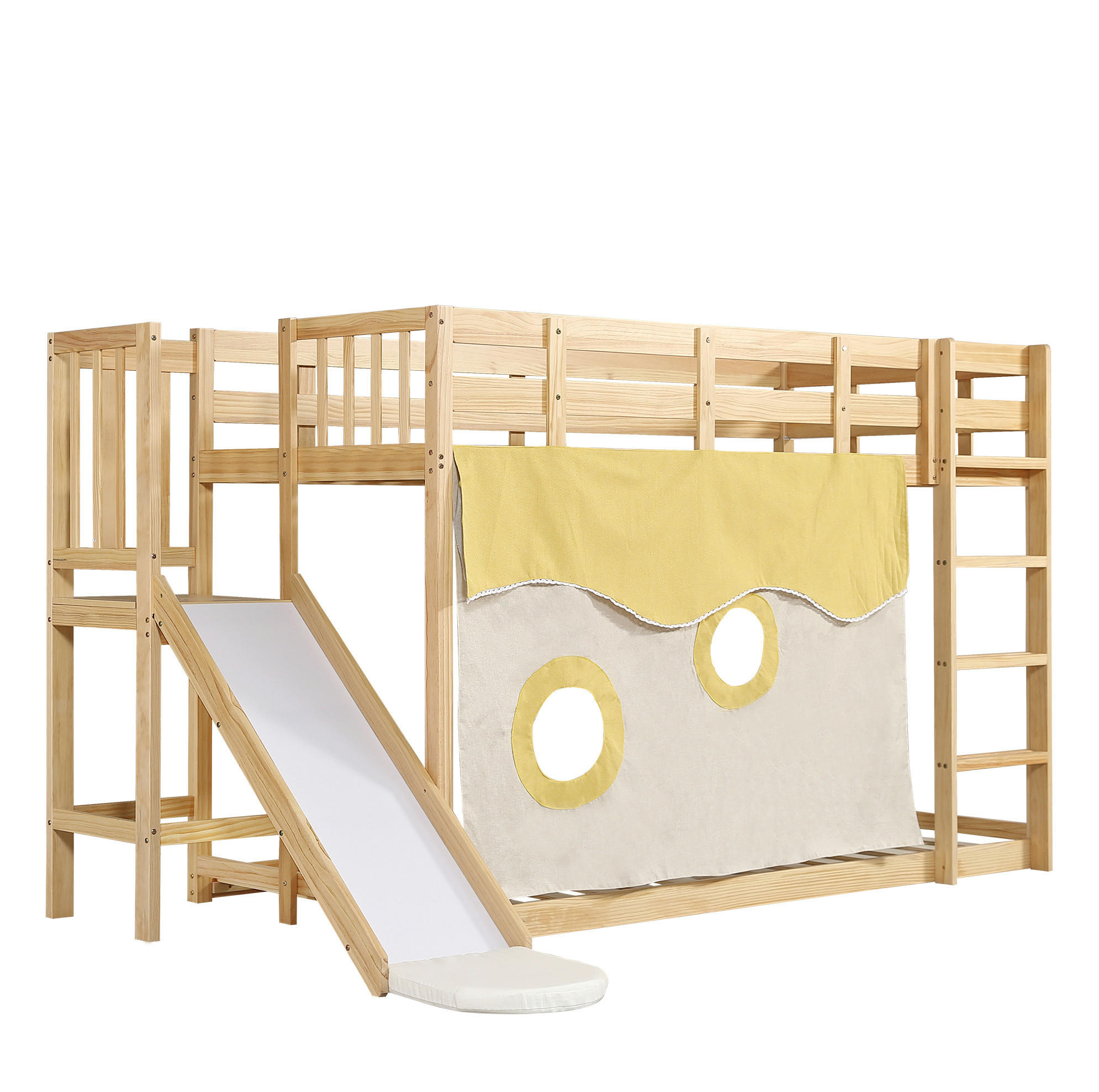 Modfu PATROVÁ postel z borovice a MDF 90x200 cm přírodní s postranním schodištěm, skluzavkou, závěsem a zábranami