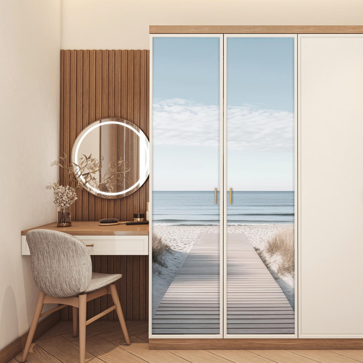 NALEPKA ZA VRATA Leseni pomol na plaži 95x215 cm - svetlo siva, umetna masa (95/0.1cm) - MuchoWow