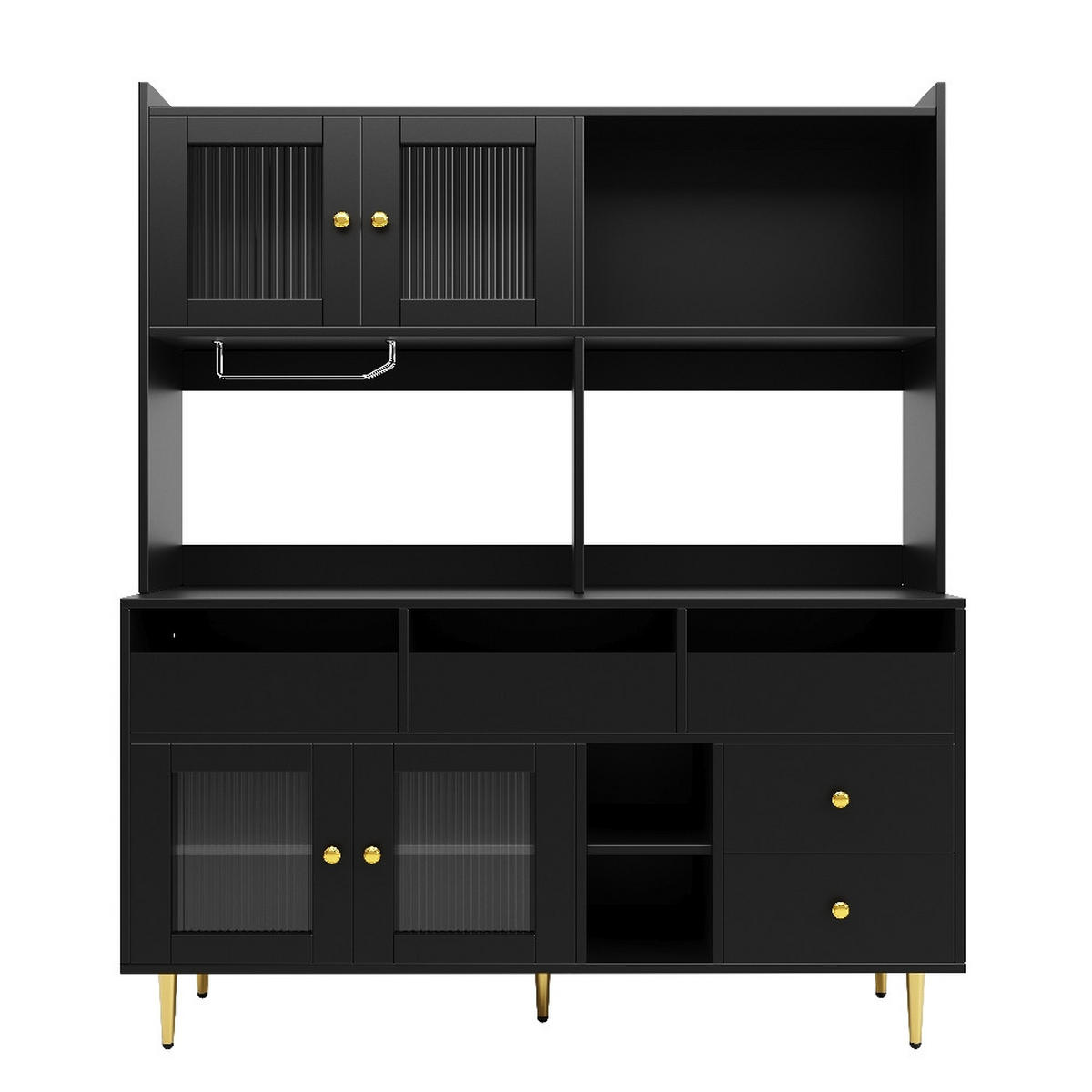 KÜCHENSCHRANK mit Changhong-Glastüren, Weinglasregal, MDF/Metall, Schwarz-Gold, 145/39/171 cm - Schwarz, Kunststoff (39/171/145cm) - Rolipo