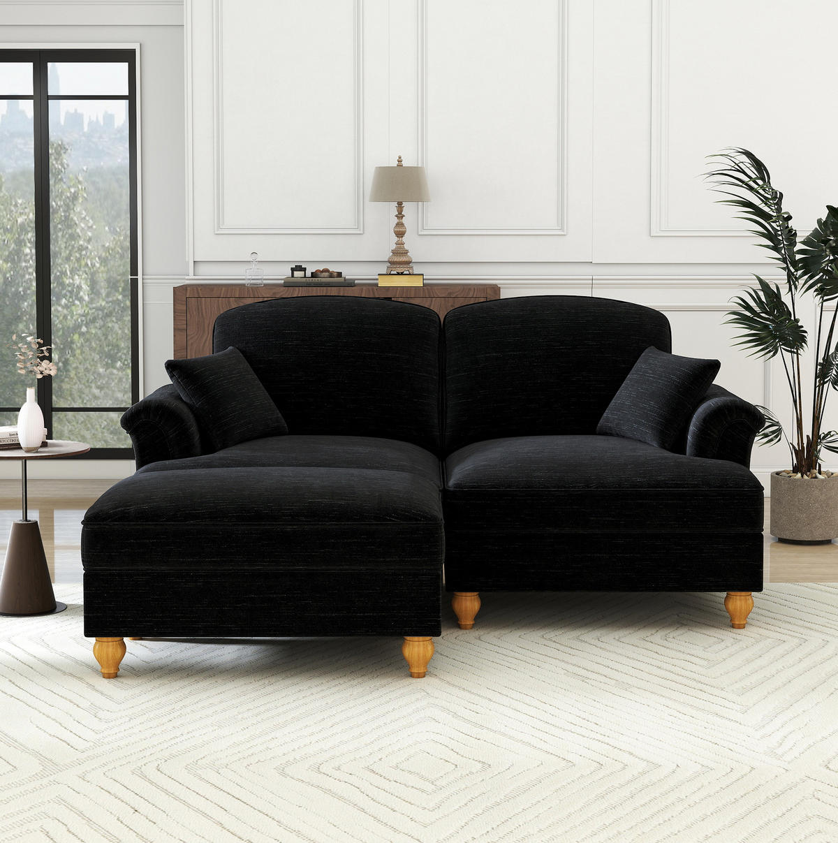 ECKSOFA aus Chenille in Schwarz mit abnehmbarem Rüschenrock - Schwarz, Textil (140/93/194cm) - Modfu