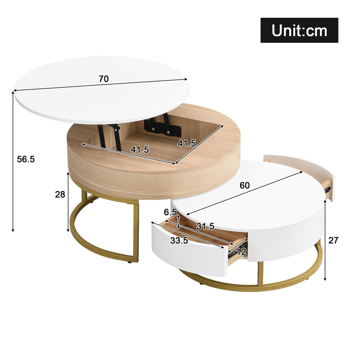 COUCHTISCH-SET 70/70/56 und 60/60/27 cm in Weiß mit Holzoptik, höhenverstellbar - Weiß, Holzwerkstoff (70/70/56.5cm) - Flora Grace