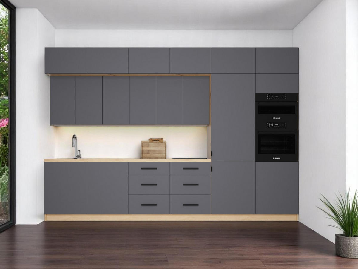 KÜCHENZEILE 360 cm - Langen K72-M360 - Schwarz/Grau, Holz/Metall (360/248/58cm)
