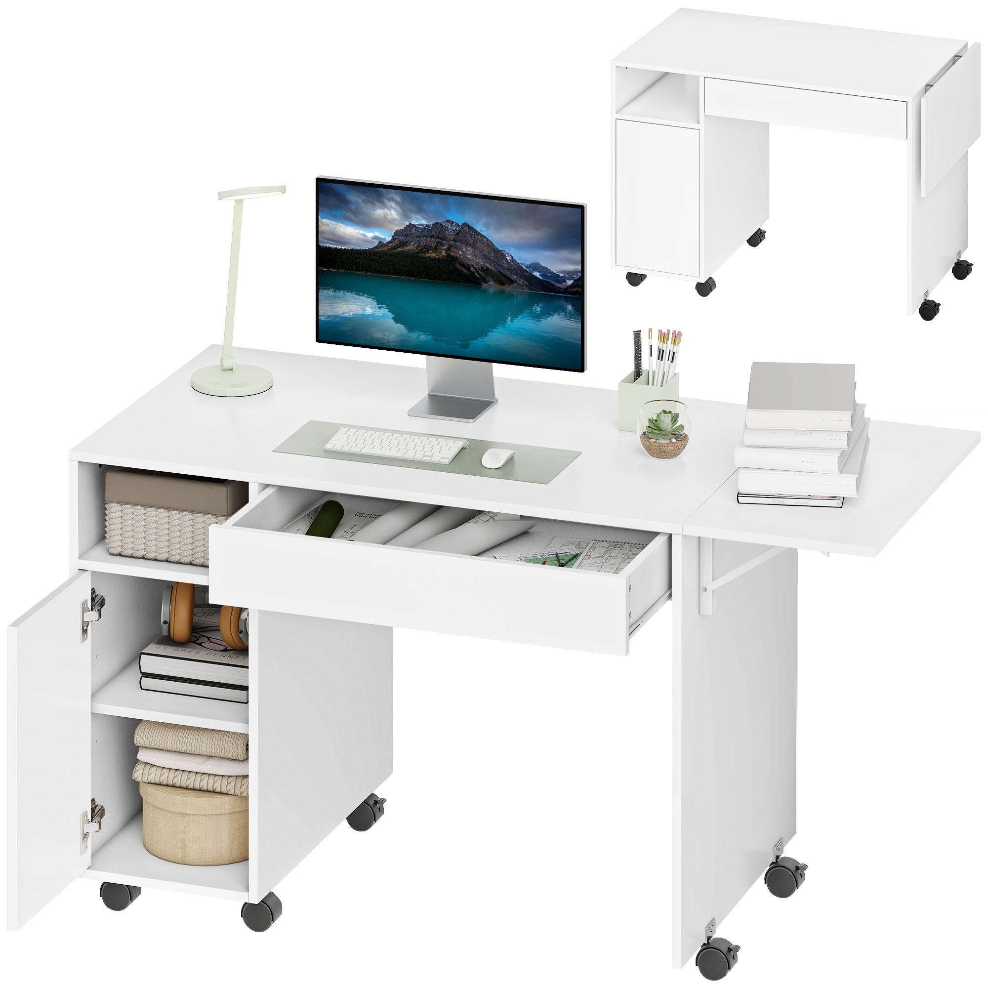 SCHREIBTISCH Weiß mit Rollen klappbarer Platte und Schublade 130/58/73 cm - Weiß, Holzwerkstoff (58/130/73.2cm) - PANGIVO