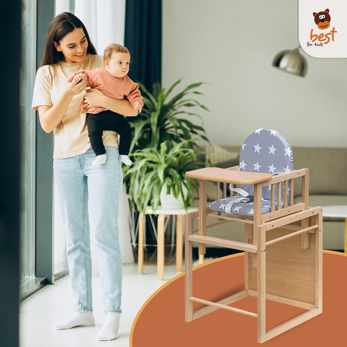 KOMBIHOCHSTUHL Victoria Bärchen | Umbaubarer Kinderstuhl Mit Tisch | Holzhochstuhl Mit Bärchen Design | Ideal Als Esstischstuhl | Schnell Montierbar - Grau, Textil (79/48/46cm) - Best for Kids