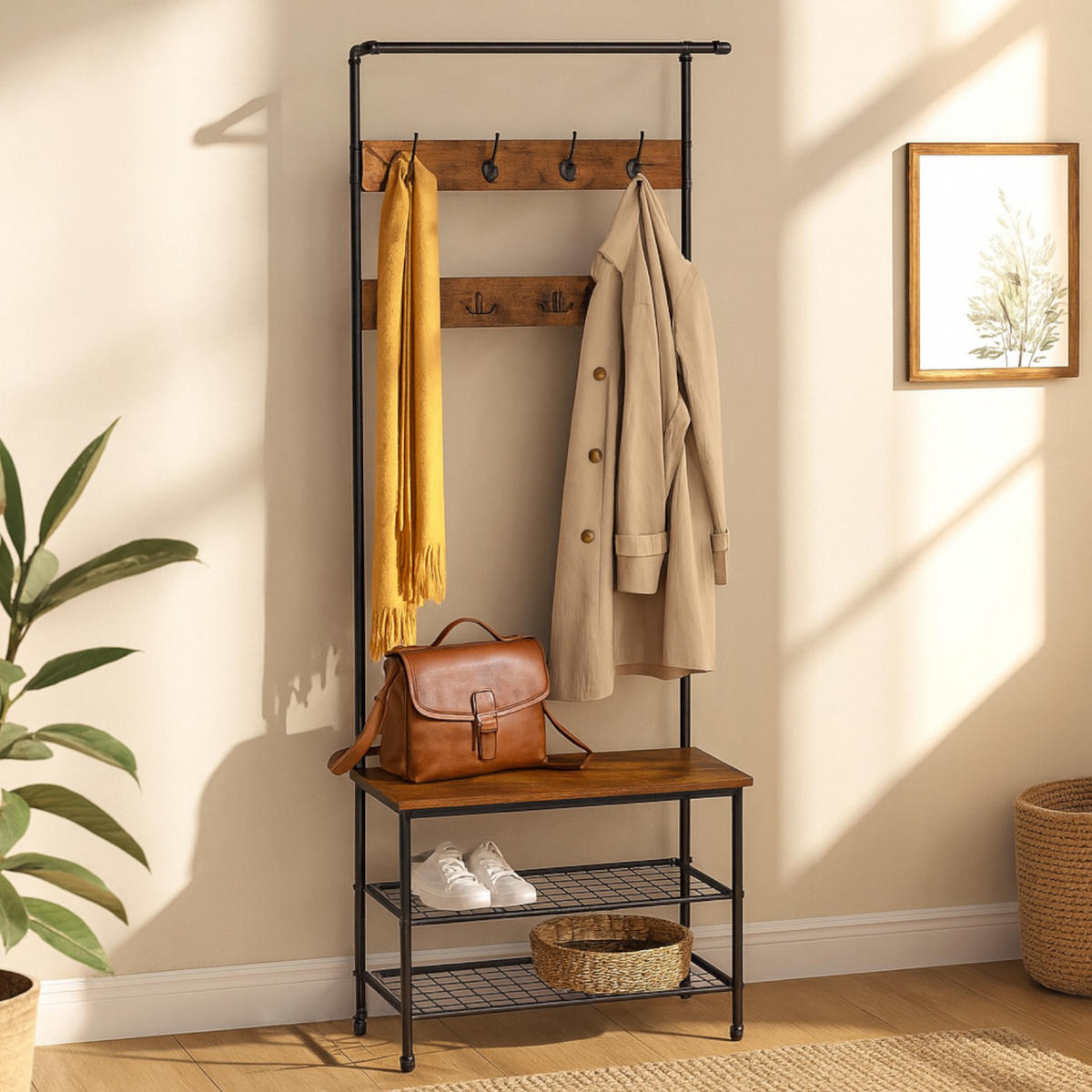 GARDEROBENSTÄNDER Metall Holzoptik Dunkelbraun Schwarz mit Bank 66×32×186 cm - Dunkelbraun/Schwarz, Holzwerkstoff/Metall (66/186/32.5cm) - Begryf