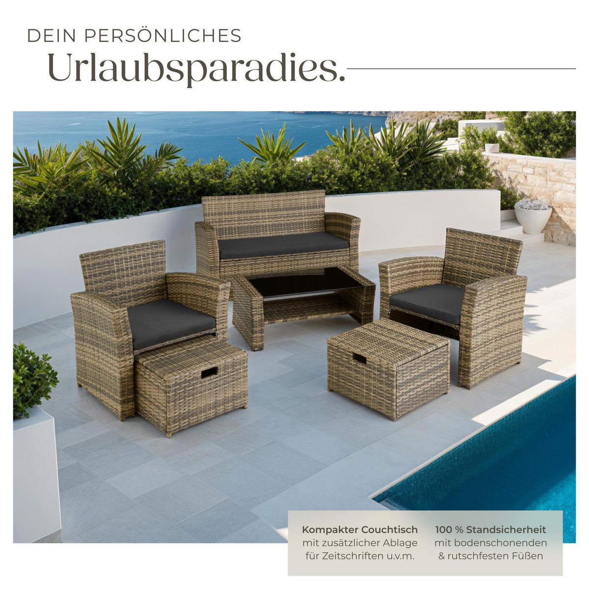 RATTAN SITZGRUPPE Modena,inklusive Staufach und Schutzhülle,natur - Naturfarben, Kunststoff - tectake