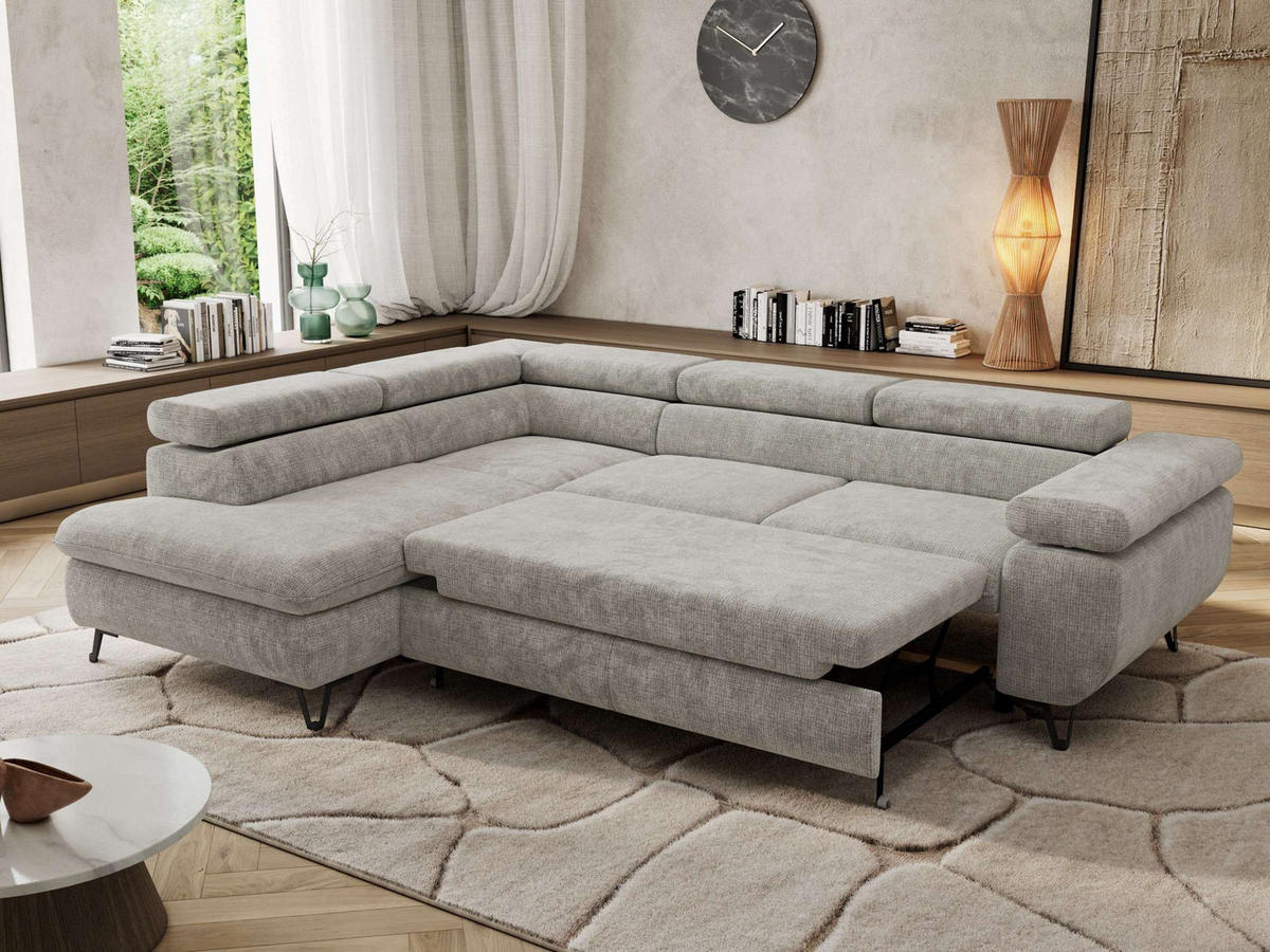 ECKSOFA PABLO L Hellgrau Schenille grob gewebt - Links Seite - Hellgrau/Schwarz, Textil/Metall (208/273cm) - MKS