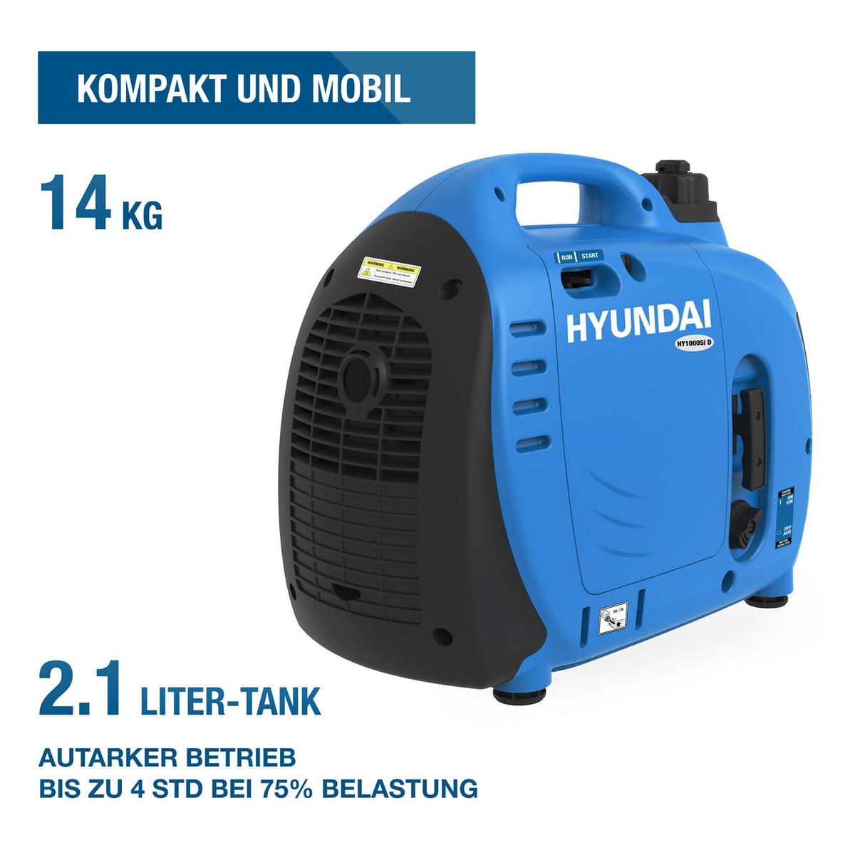 INVERTER-GENERATOR HY1000Si D (1 kW, tragbar, 1 x 230V + 1 x 12V, 1 x USB) - Blau, Kunststoff (44/47/23cm) - HYUNDAI