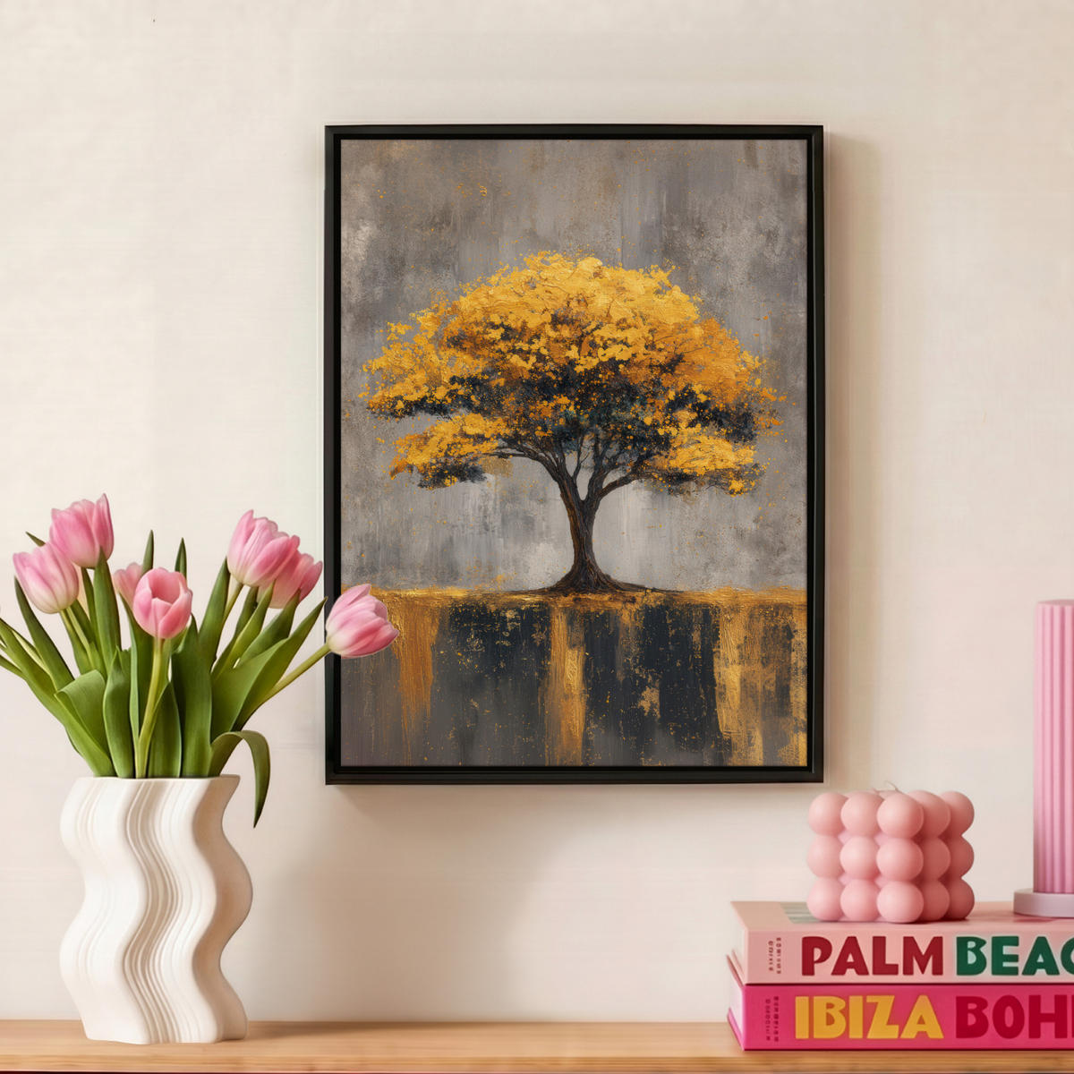 LEINWAND Bilder mit Rahmen - Baum - Blätter - Gold - Abstrakt - 30x40 - Grau, Textil (30/40cm) - MuchoWow