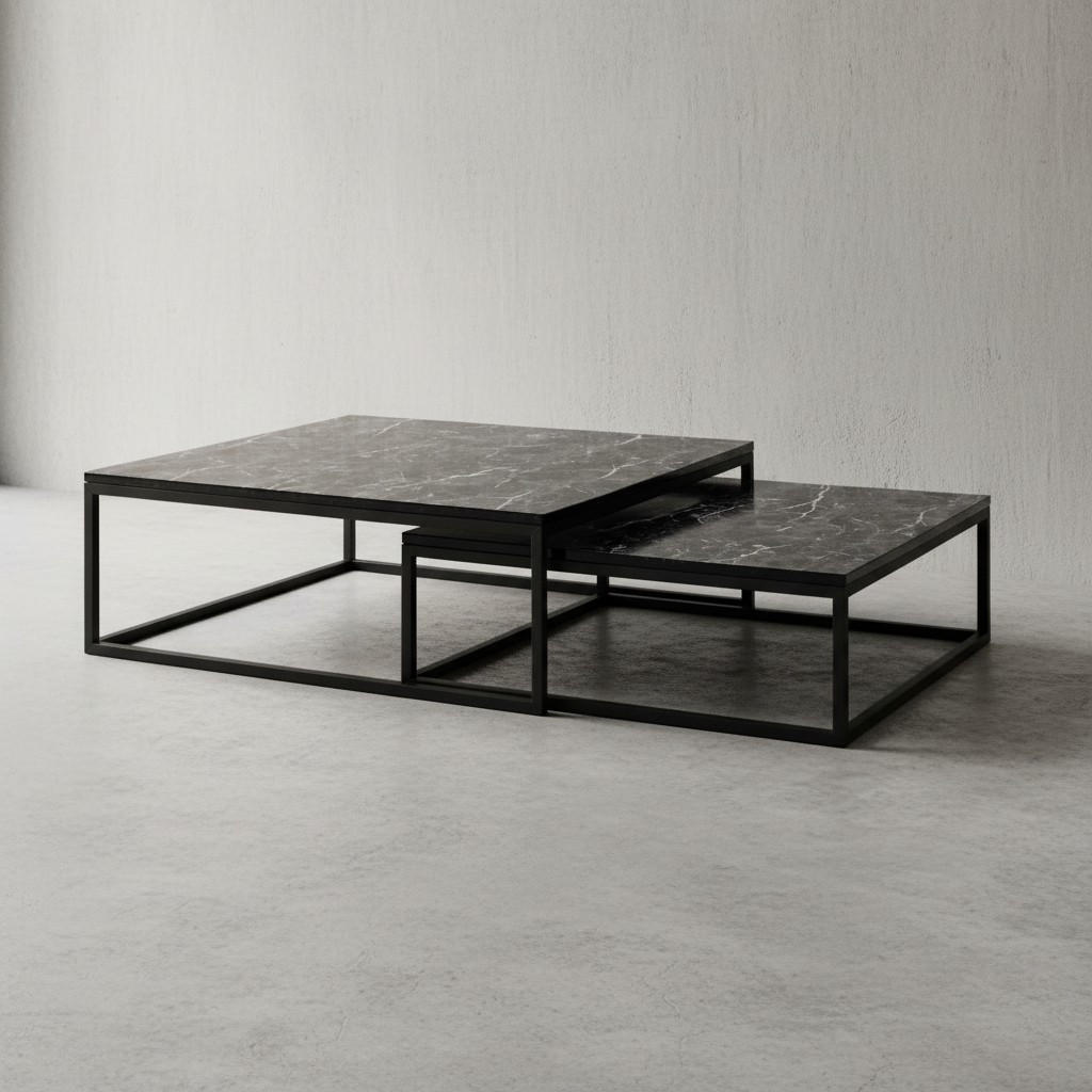 COUCHTISCH 2er Set Marmoroptik Metallgestell Quadratisch MARMIX, Schwarz 75x75x27 cm - Schwarz, Holz/Metall (75/75/27cm) - KADIMA DESIGN