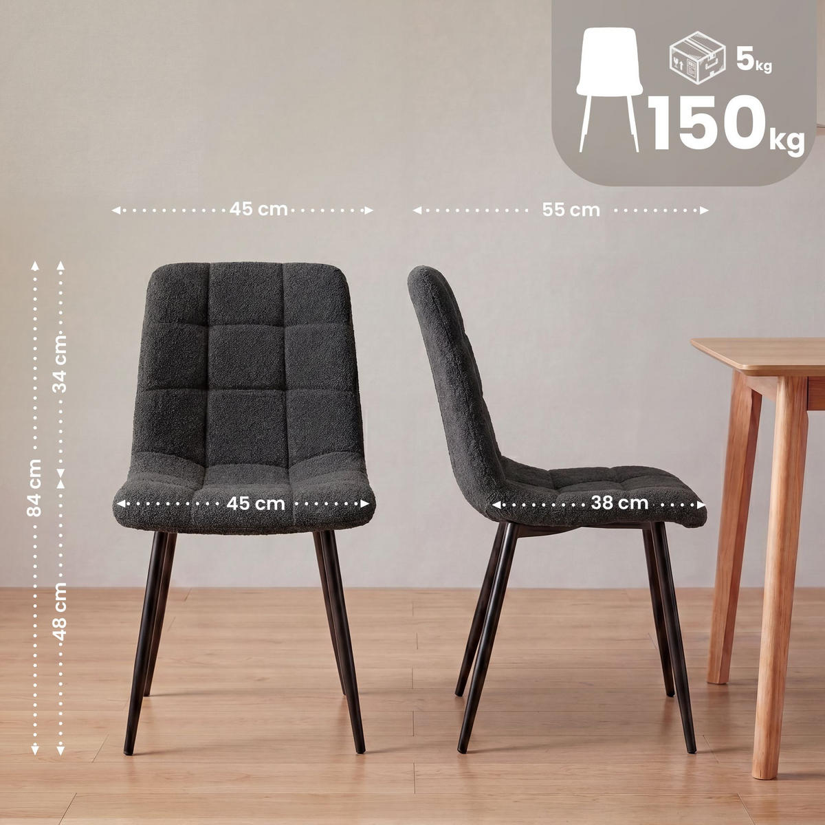 ESSZIMMERSTUHL Stoff Dunkelgrau - Dunkelgrau/Schwarz, Textil/Metall (45/84/55cm) - CLP