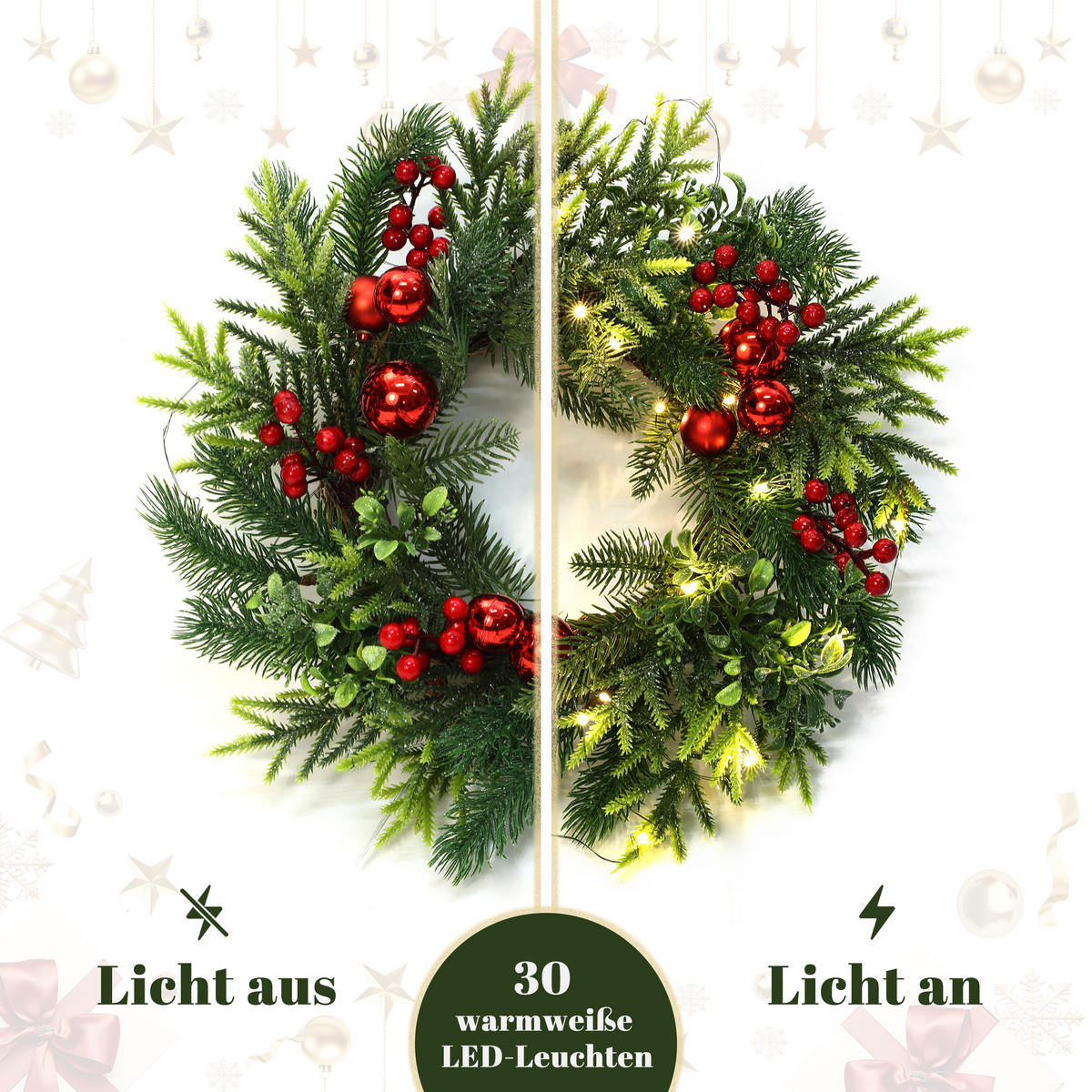 WEIHNACHTSKRANZ Ø40cm mit Beeren & Kugeln, 30 LEDs mit Timer - Dunkelgrün, Naturmaterialien (40cm) - Hometopia