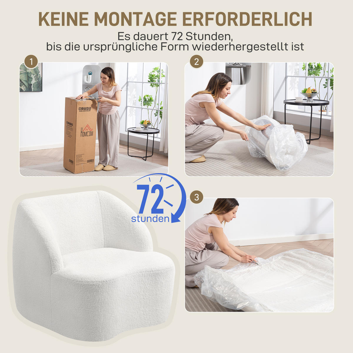 SESSEL mit Armlehnen 82L x 81B x 73,5H cm Cremeweiß - Weiß, Kunststoff (81/73.5/82cm) - HOMCOM