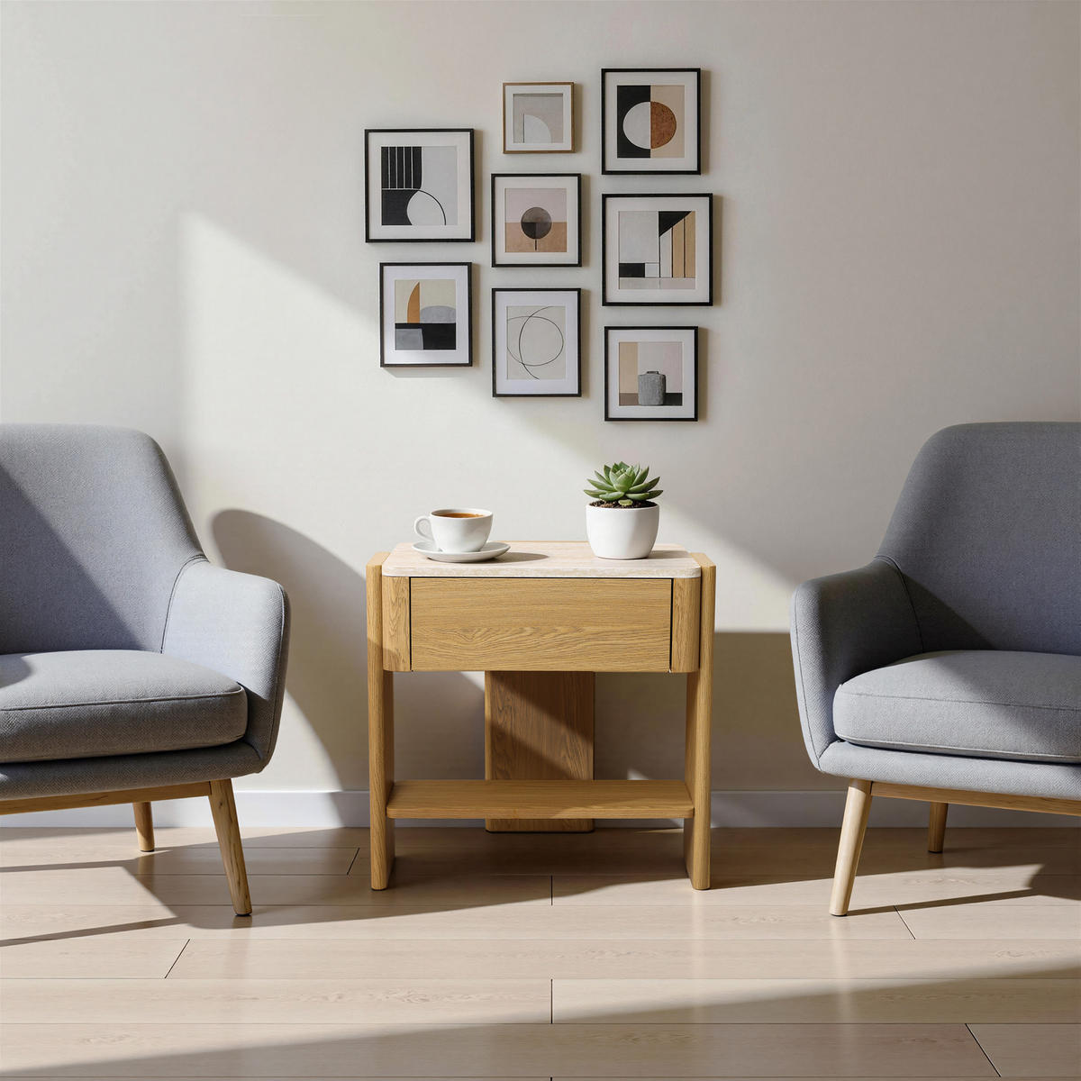 NACHTTISCH Modern mit Marmoroptik, Eiche, MDF | B55 x T40 x H53 cm - Eichefarben, Holz (55/53/40cm) - Hometopia