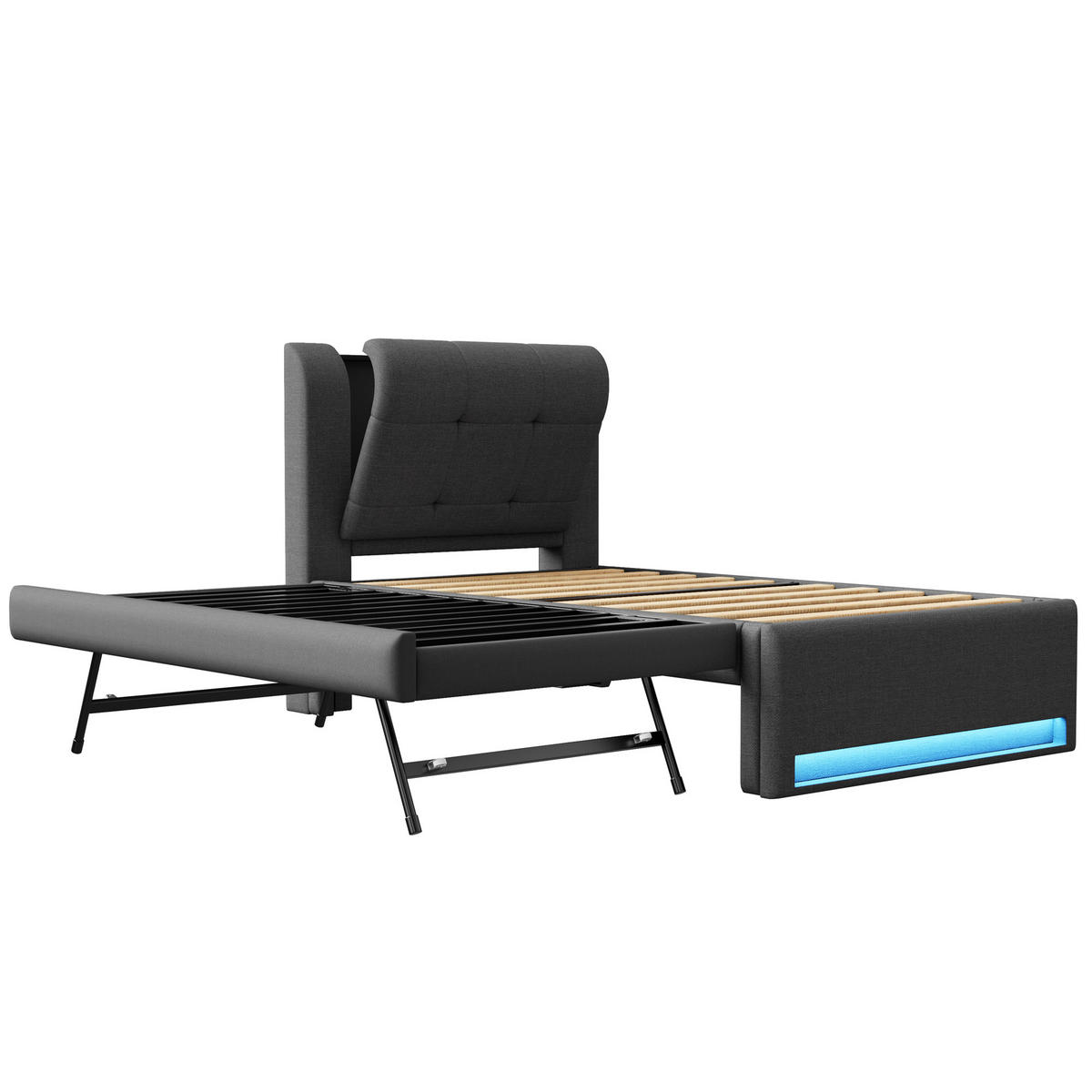 POLSTERBETT 90/200 cm in Grau mit Ausziehbett, LED und Kopfteil - Grau, Holzwerkstoff/Textil (90/200cm) - WISHDOR