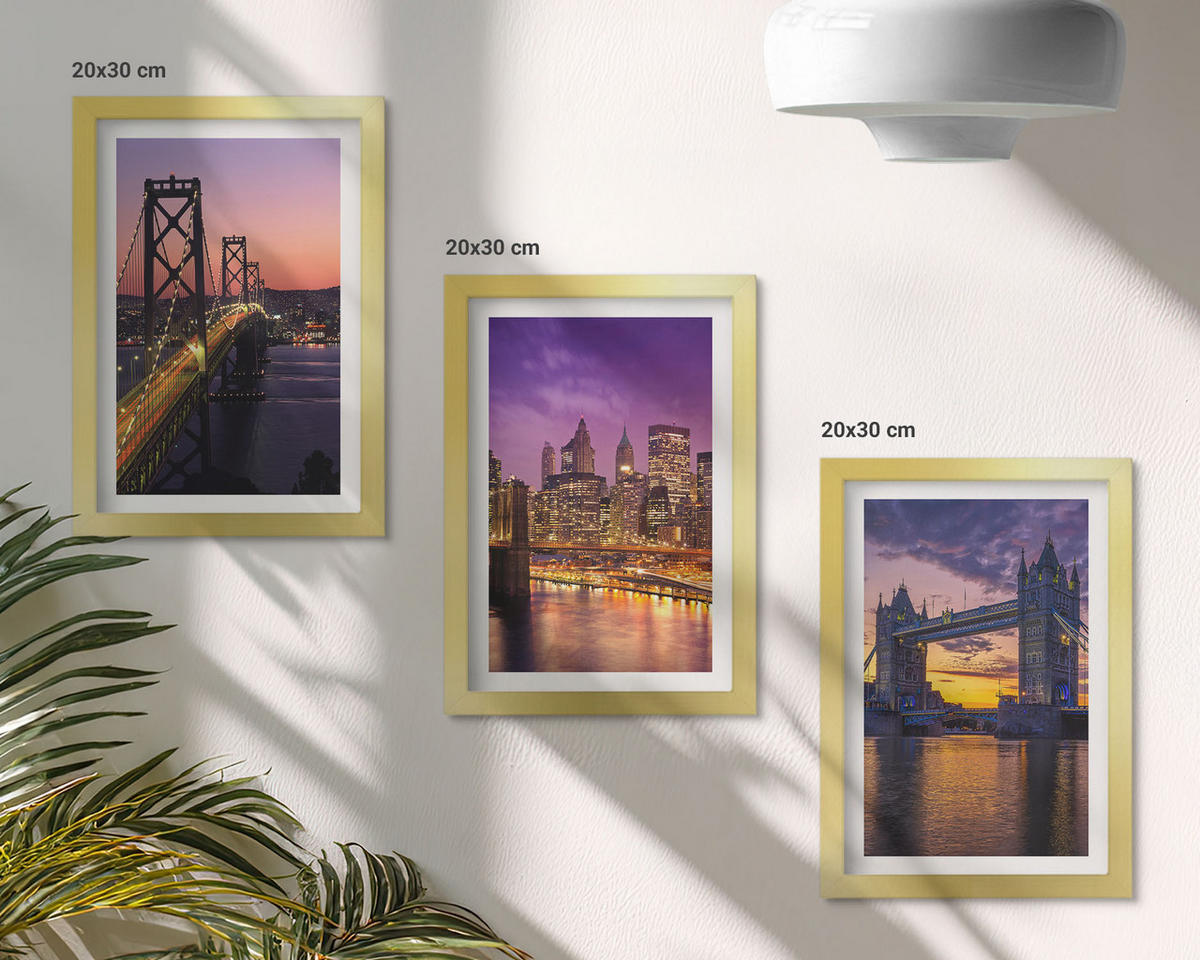 BILDER SET 3er Set - 20x30 cm Goldrahmen - Brücken, Sonne, Stadtblick - Goldfarben, Kunststoff (20/30cm) - TULUP