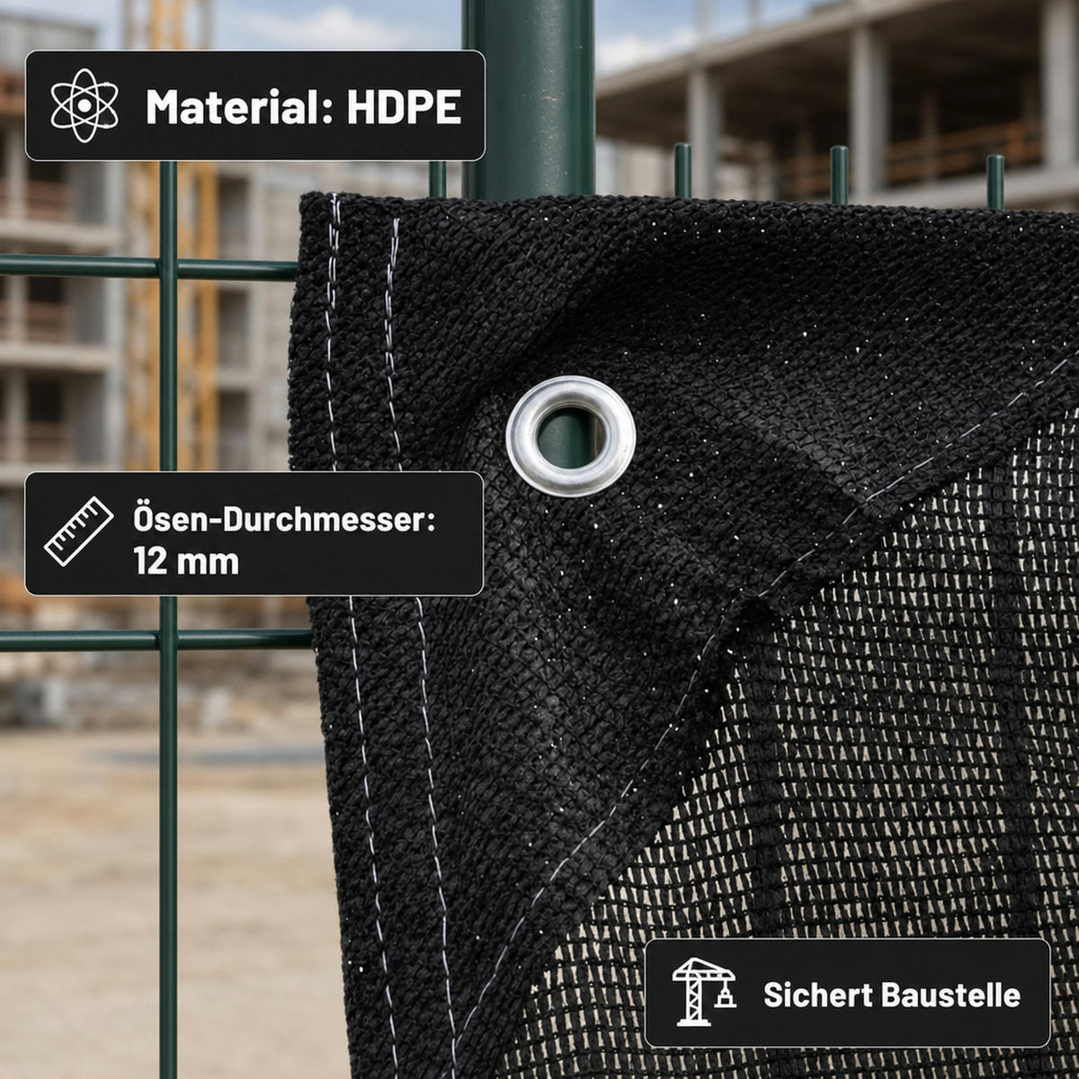SCHWARZES Bauzaunnetz 1,80m x 3,45m - Schwarz, Kunststoff (180/5cm) - KLASEBO