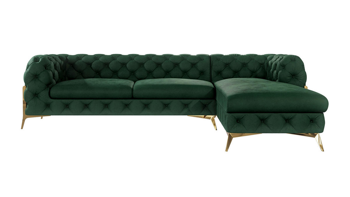 ECKSOFA Chesterfield Lexi Flasche Grün Samt, Ottomane rechts - Smaragdgrün/Goldfarben, Holz/Textil (305/200cm) - S-Style Möbel