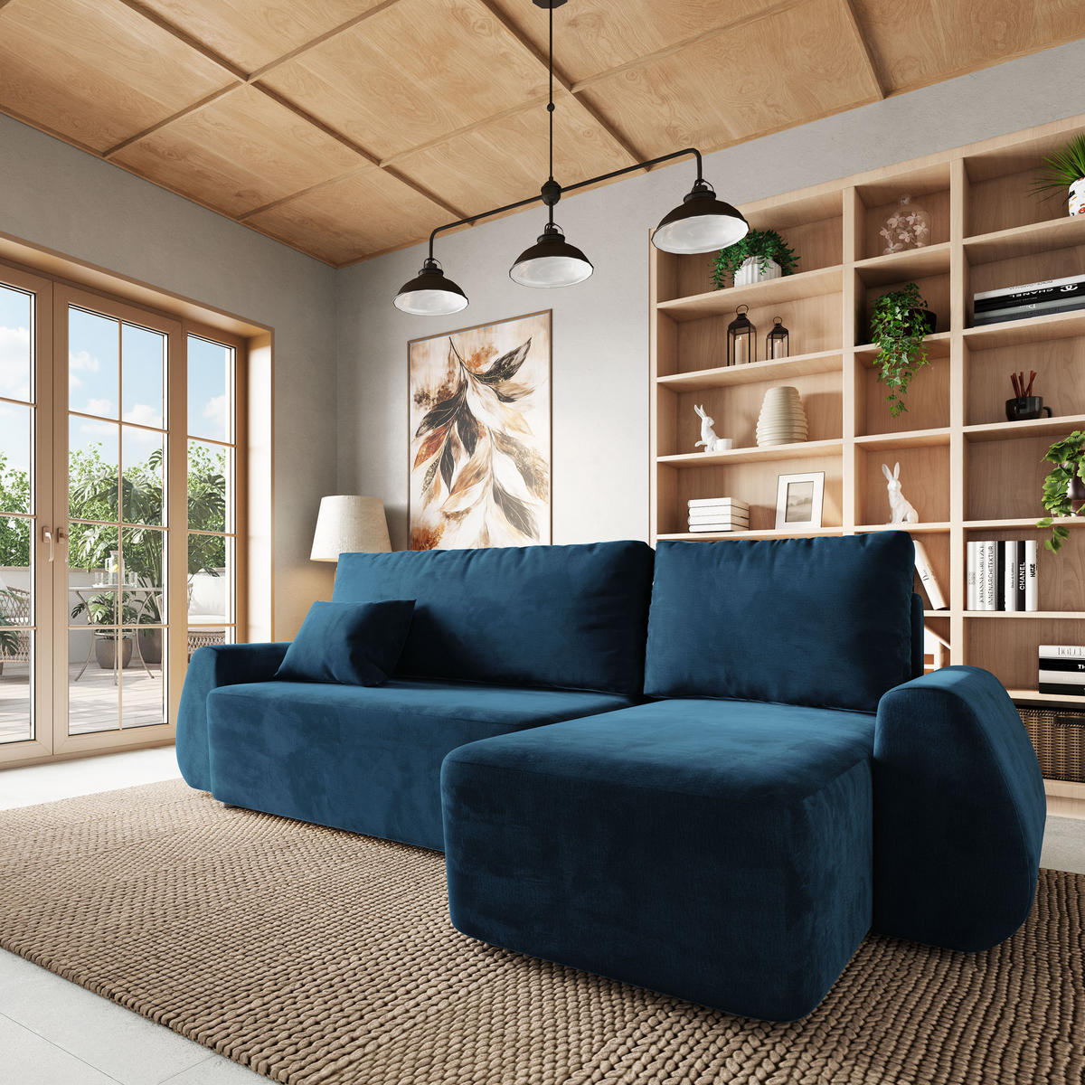 ECKSOFA GALVIS Blau Velours-Stoff mit Schlaffunktion - Blau, Holz (256/156cm) - MASSENO