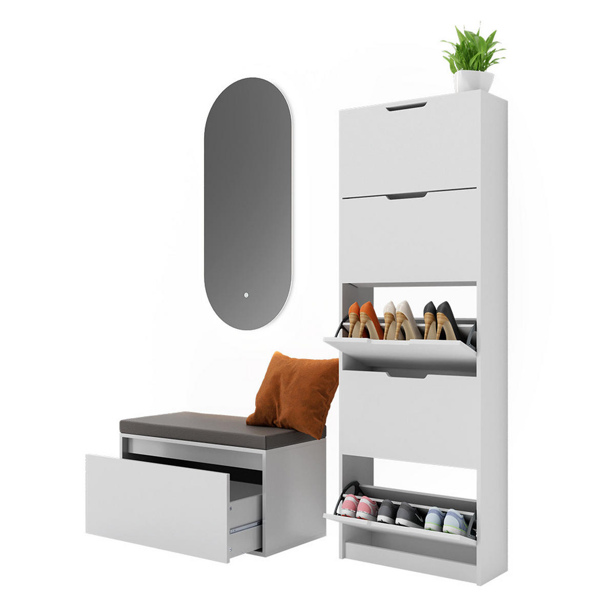 SCHUHKIPPER Luca Weiß 3 Teile, mit LED Spiegel und Sitzbank - Weiß, Holzwerkstoff (59/169/22cm) - Vicco