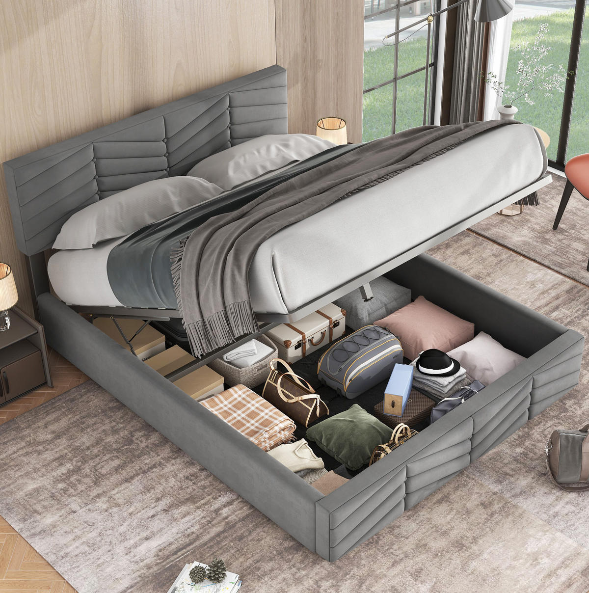 SAMT-POLSTERBETT 140/190 cm mit Bettkasten und höhenverstellbarem Kopfteil - Grau, Textil (140/200cm) - BEAOK
