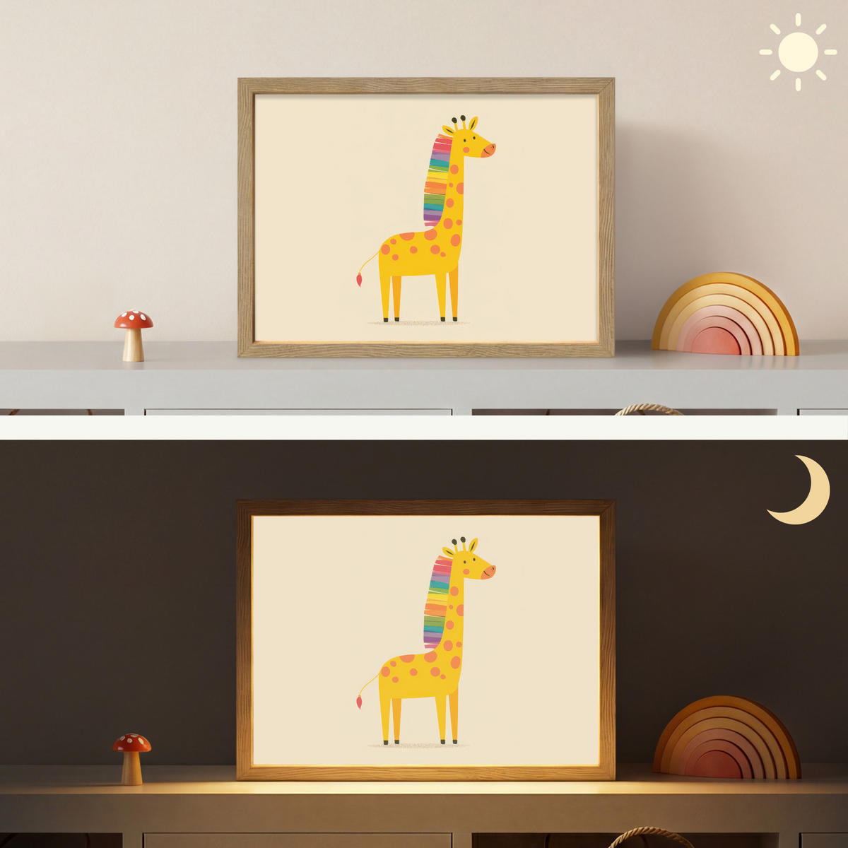 NÁSTĚNNÁ LAMPA S AKUMULÁTOREM Žirafa - Duhová hříva - béžová 40x30 cm - béžová, kompozitní dřevo (40/30/8cm) - OnlyWow