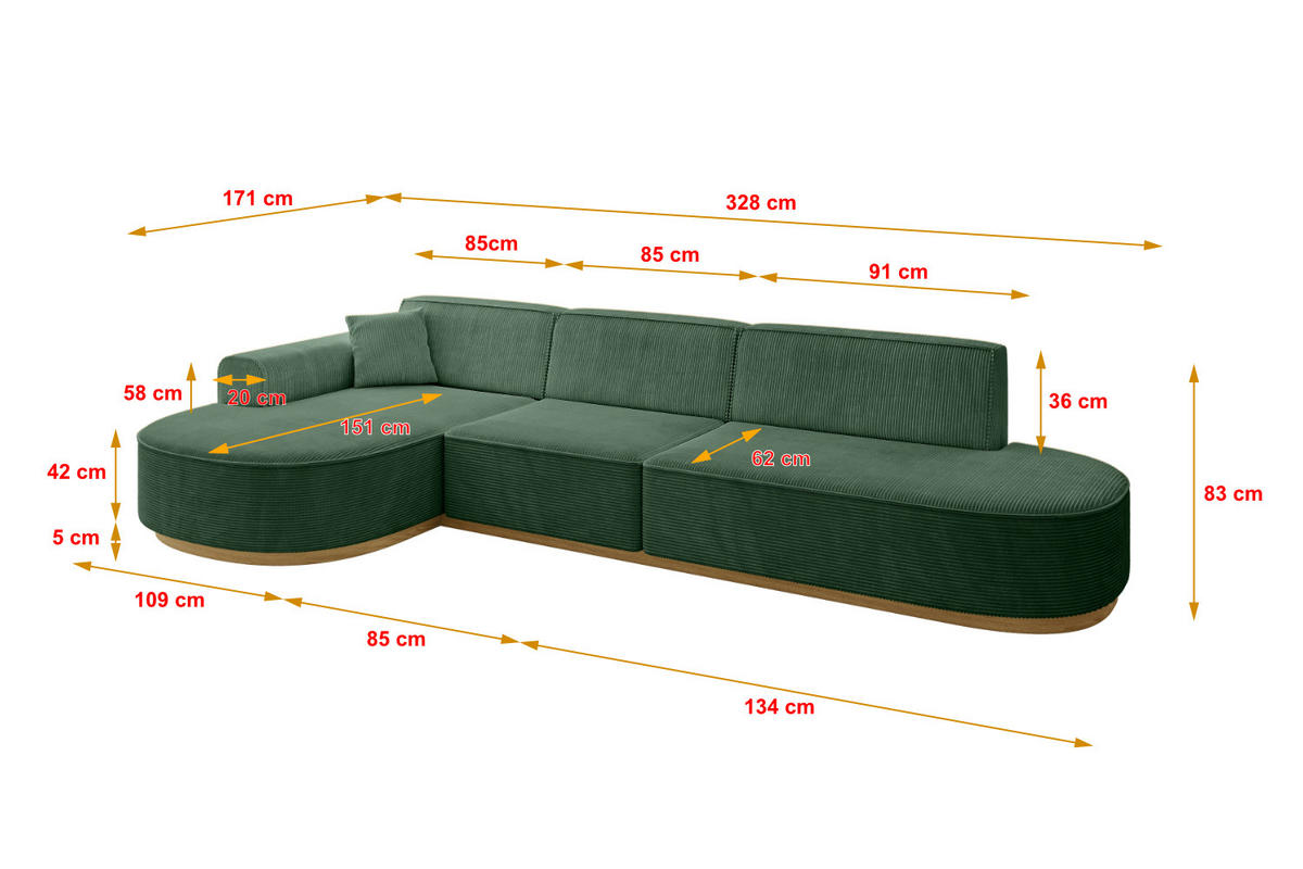 ECKSOFA Ottomane Links MARI-L2-v2 - 328x171x83 cm Grün Cord - Grün, Holzwerkstoff/Textil (328/171cm) - ALTDECOR