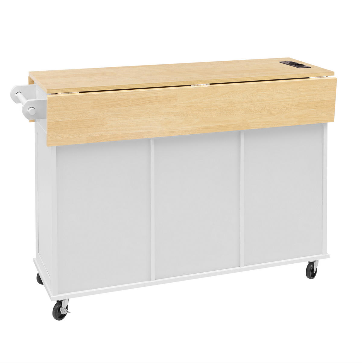 KÜCHENINSEL 120/40-80/92 cm aus MDF mit klappbarer Arbeitsplatte, Steckdosen, Rollen und Stauraum, Weiß/Naturfarben - Weiß, Holzwerkstoff (120/92/80cm) - Redom