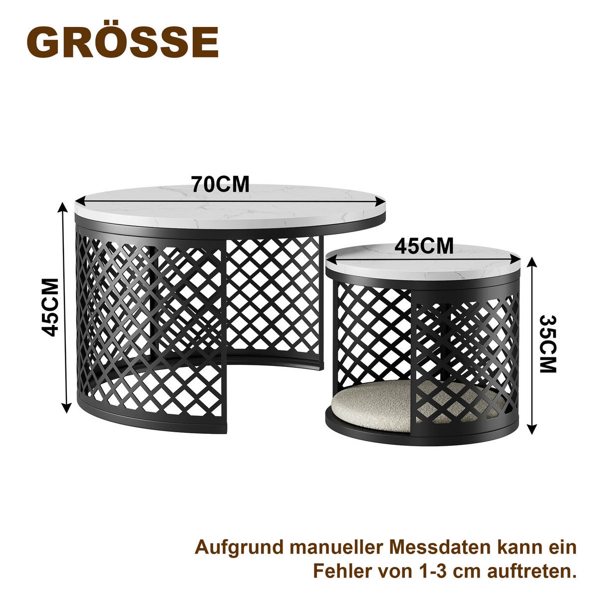 COUCHTISCH 2er Set 70/70/45 cm in Weiß und Schwarz aus MDF mit Haustierbereich - Schwarz/Weiß, Holzwerkstoff/Metall (70/70/45cm) - CHICFURN