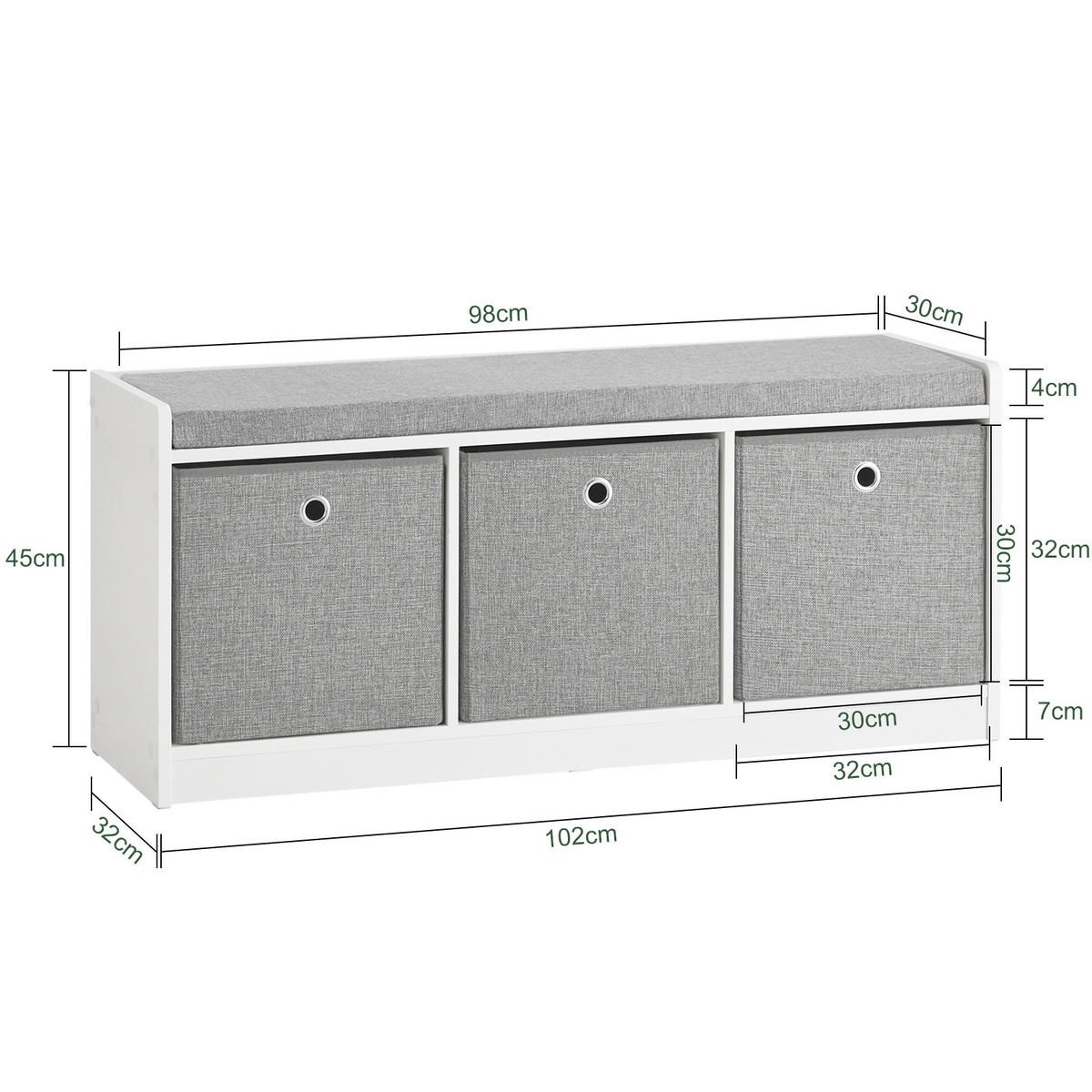 SCHUHBANK Grau - Weiß, Holzwerkstoff (102/45/32cm) - SoBuy