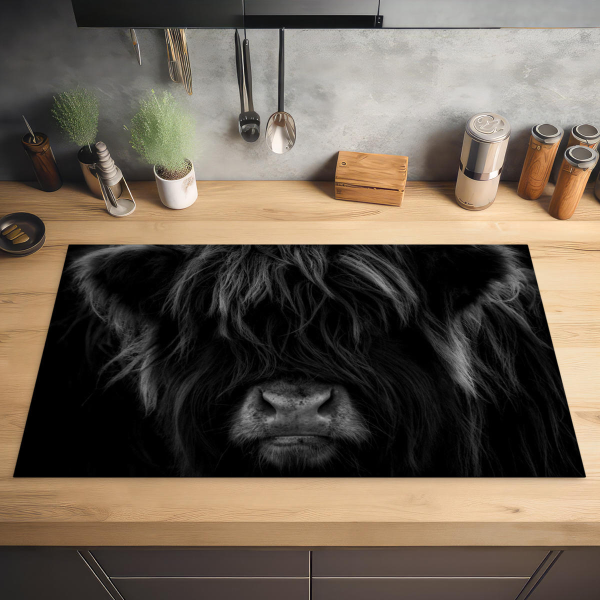 HERDABDECKPLATTE Schottischer Highlander - Kuh - Schwarz - Weiß - Tiere Ceranfeldabdeckung 90x52 cm - Schwarz, Kunststoff (90/52/0.2cm) - MuchoWow