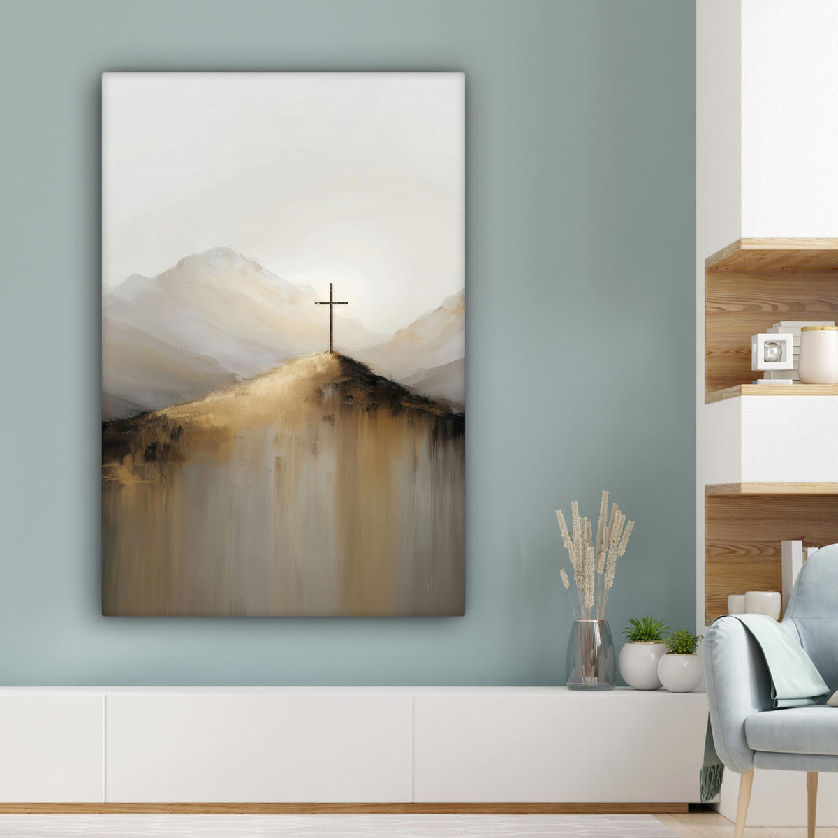 LEINWANDBILD Hügel - Abstrakt - Kreuz - Christentum Deko XXL 80x120 cm - Beige, Textil (80/120cm) - MuchoWow