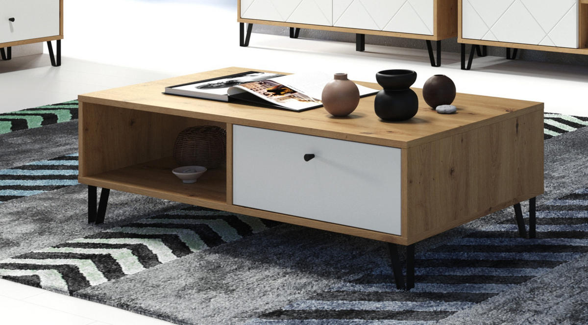 COUCHTISCH weiß matt, Eiche Artisan 110 cm, Beistelltisch mit 2 x Schubkasten - Eichefarben/Schwarz, Holzwerkstoff/Kunststoff (60/110/37cm) - Top.Furn