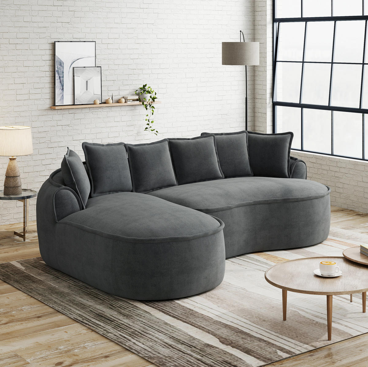 ECKSOFA 252/164/67 cm modular grau aus Chenille rahmenlos mit Schlaffunktion - Grau, Textil (164/252cm) - OKWISH