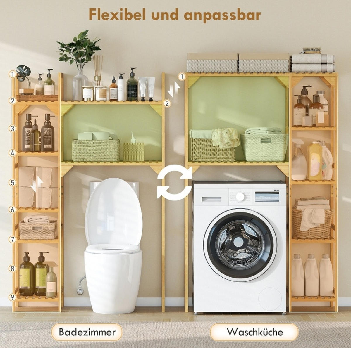 STANDREGAL aus Bambus 100x40x157 cm Naturfarben mit 7 Ablagen und flexibel montierbaren Seitenregalen - Naturfarben, Naturmaterialien (100/157/40cm) - Modfu