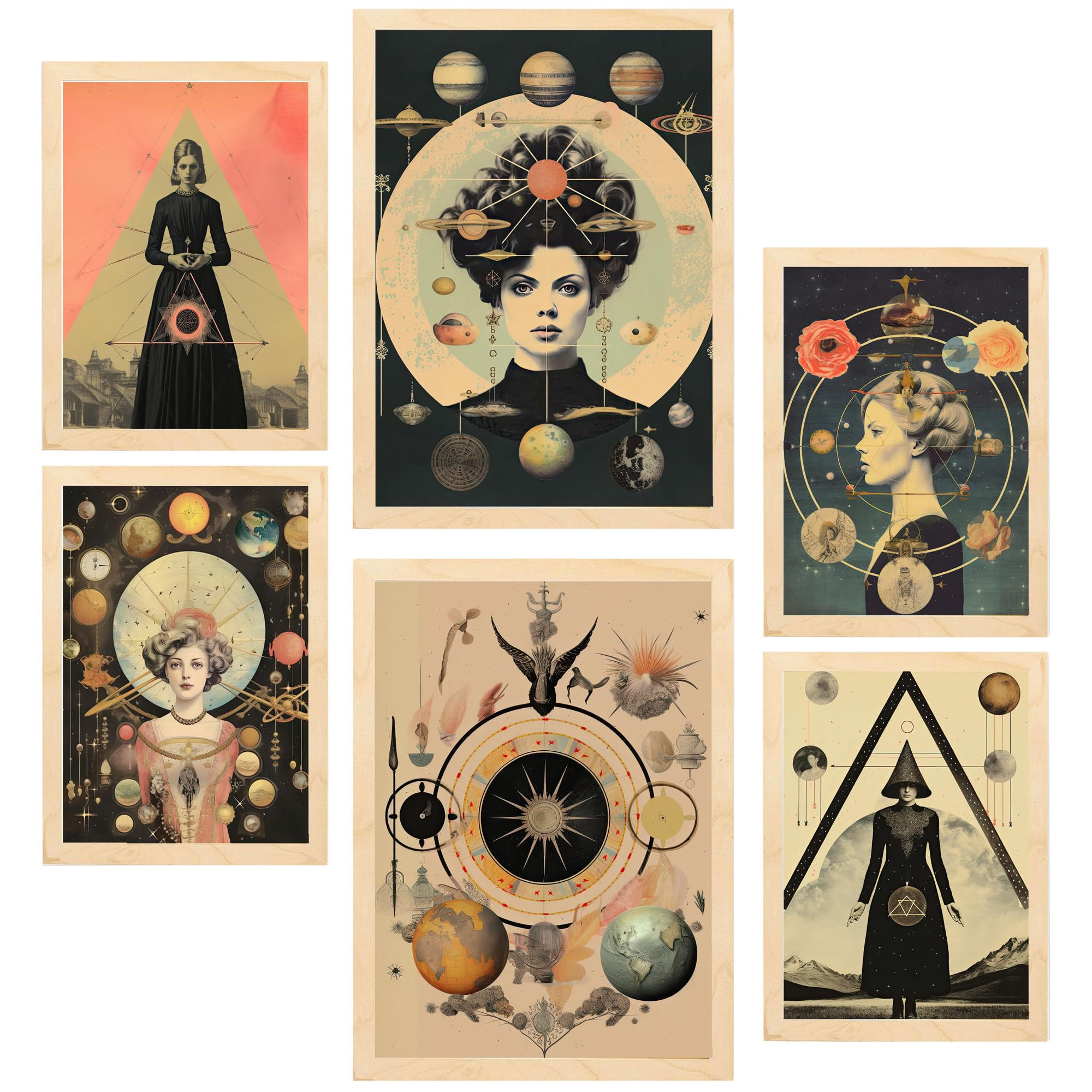POSTER Set Mit 6 Mystischen & Esoterischen In Beige & Schwarz Zur A3 & A4 Rahmen Aus Hellem Holz - Beige, Papier (29/3cm) - Nacnic