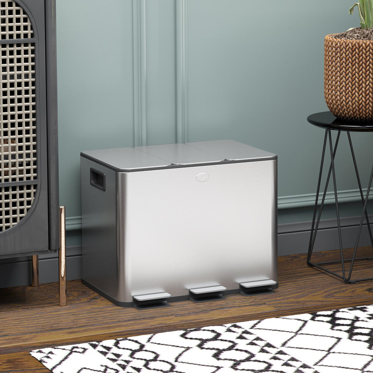 MÜLLEIMER 3x20L Abfalleimer aus Edelstahl mit Softclose Deckel Deodorant-Fächern - Silberfarben, Metall (36.6/56.7/61.9cm) - HOMCOM