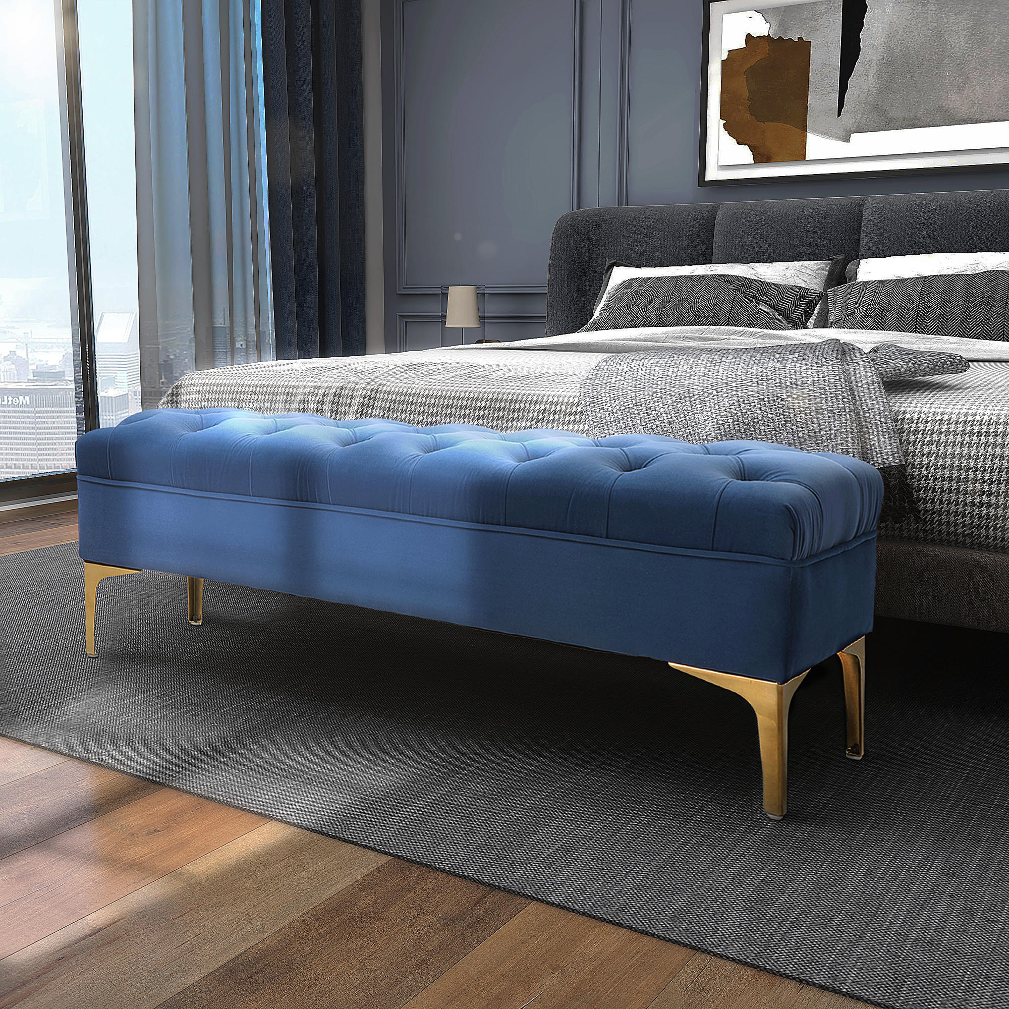 BETTBANK mit erhöhten Beine, Schlafzimmer, Samt Blau 118 x 45 x 42 cm - Blau, Kunststoff (45/42/118cm) - HOMCOM