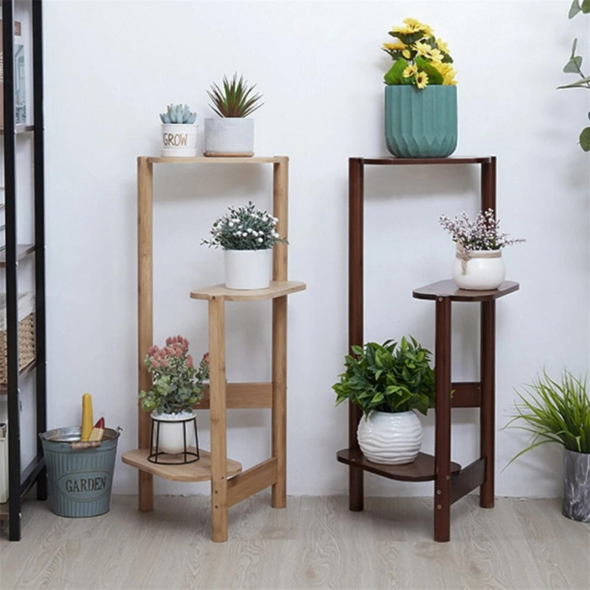 PFLANZENREGAL 3-Tier Bambus für Ecke Balkon und Schlafzimmer, Holz - Naturfarben, Holzwerkstoff (30.48/75/27.4cm) - Kaket