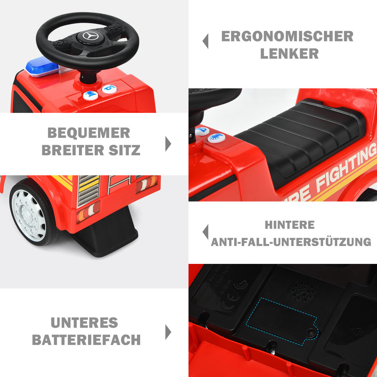 KINDER-FEUERWEHRAUTO Mercedes Benz Rot - Rot, Metall (29/43/62cm) - COSTWAY
