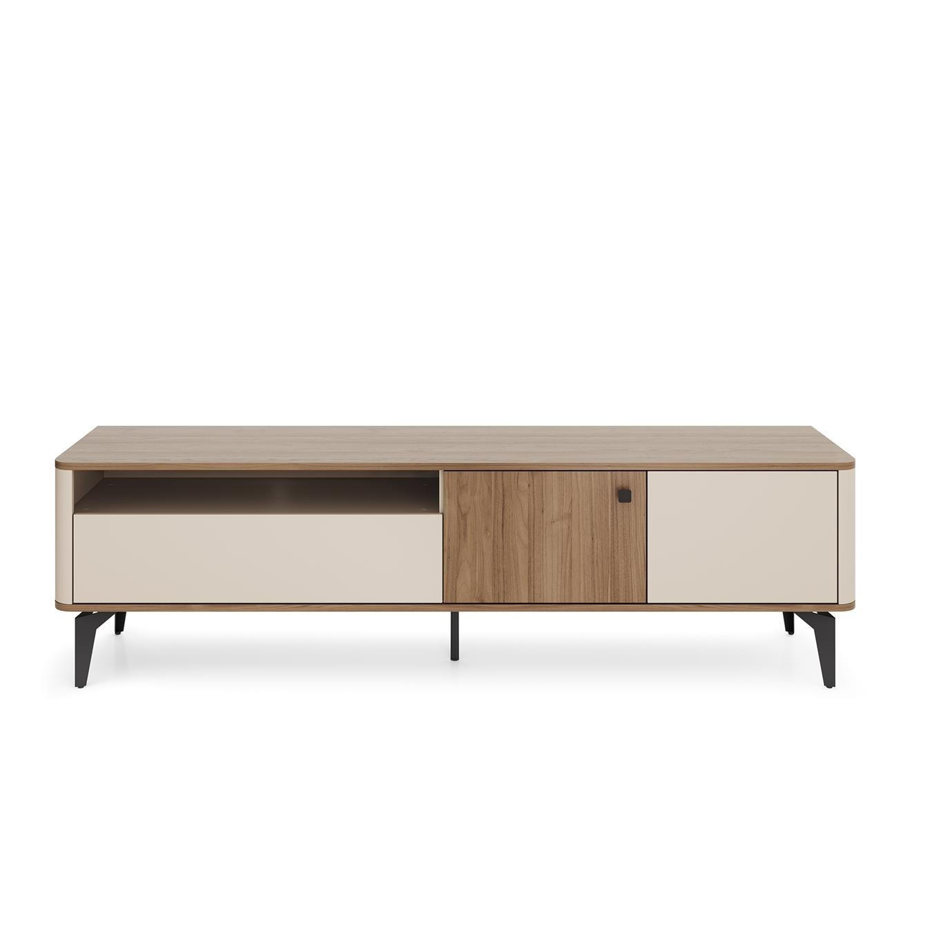 RTV-SCHRANK Aurena Kaschmir und Walnuss, Fernsehtisch mit abgerundeten Seiten - Beige/Schwarz, Holzwerkstoff/Metall (180/51/40cm) - Bettso