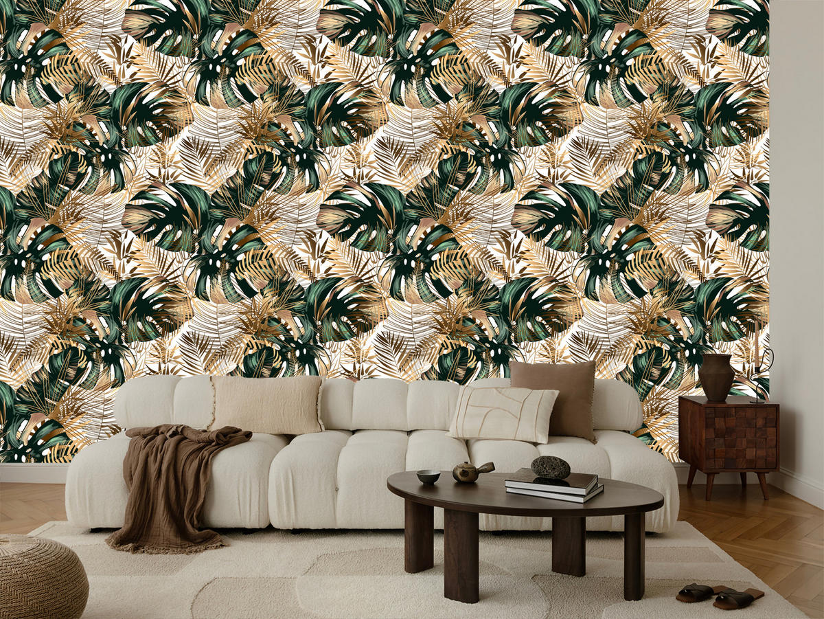 VLIESTAPETE Tropische Blätter – Goldfarben, Grün, Weiß – 50x1000 cm - Goldfarben/Weiß, Papier (50/1000cm) - Muralo