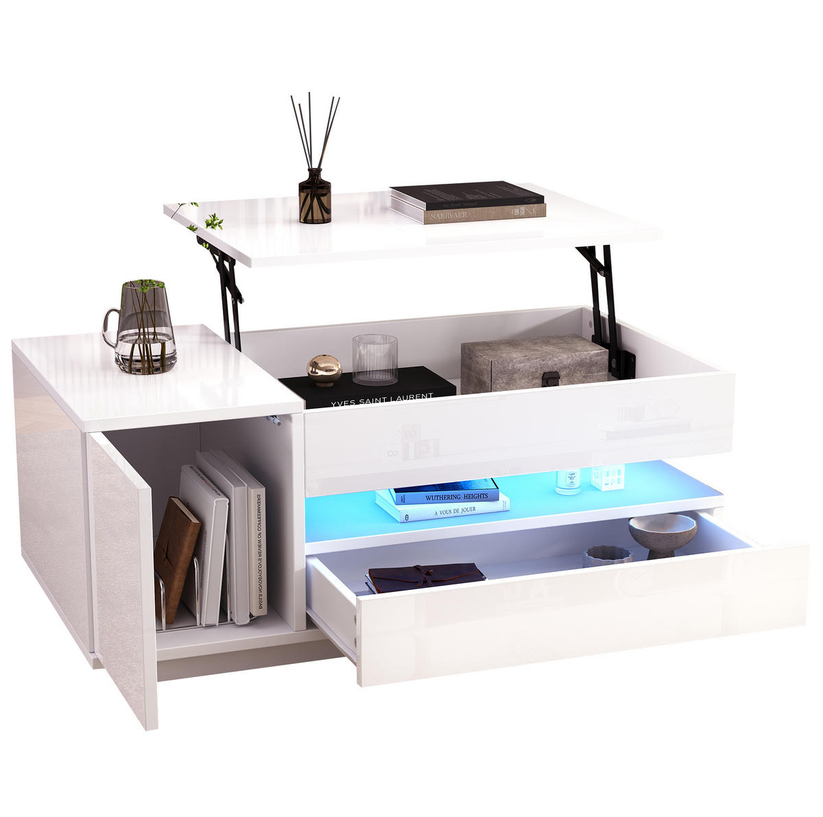 COUCHTISCH 95/50/34,5 cm in Weiß mit Hebefunktion und LED-Beleuchtung - Weiß, Holzwerkstoff (90/50/34.5cm) - Flora Grace