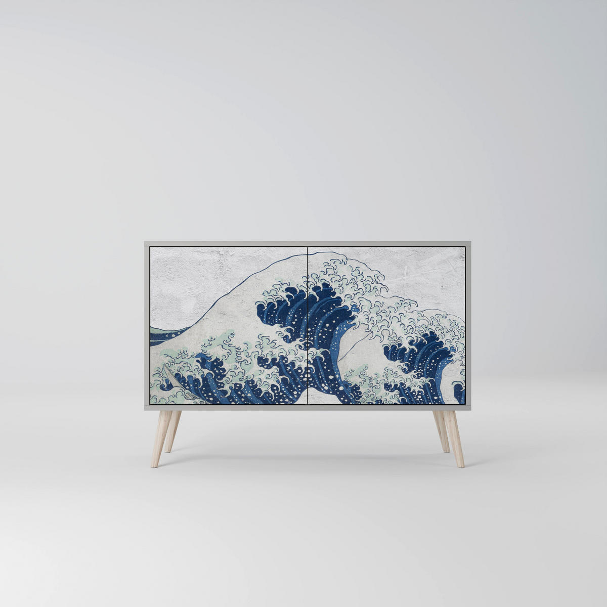 SIDEBOARD THE GREAT WAVE AT KANAGAWA, Eicheneffekt, 111x42x77,5 cm, 2 Türen - Eichefarben/Buchefarben, Holzwerkstoff/Buchenholz (111/77.5/42cm) - SpaceRebels